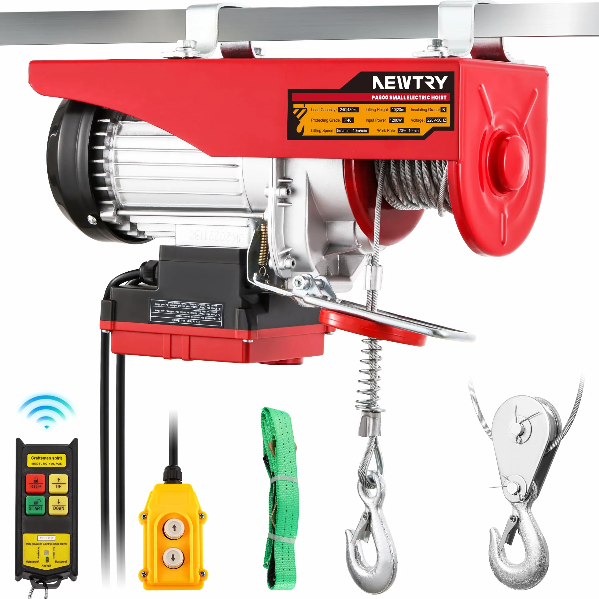 NEWTRY paranco elettrico 240kg/480kg, 20m/10m altezza di sollevamento, controllo wireless 100m, controllo a filo 2m, per casa garage magazzino 1200W