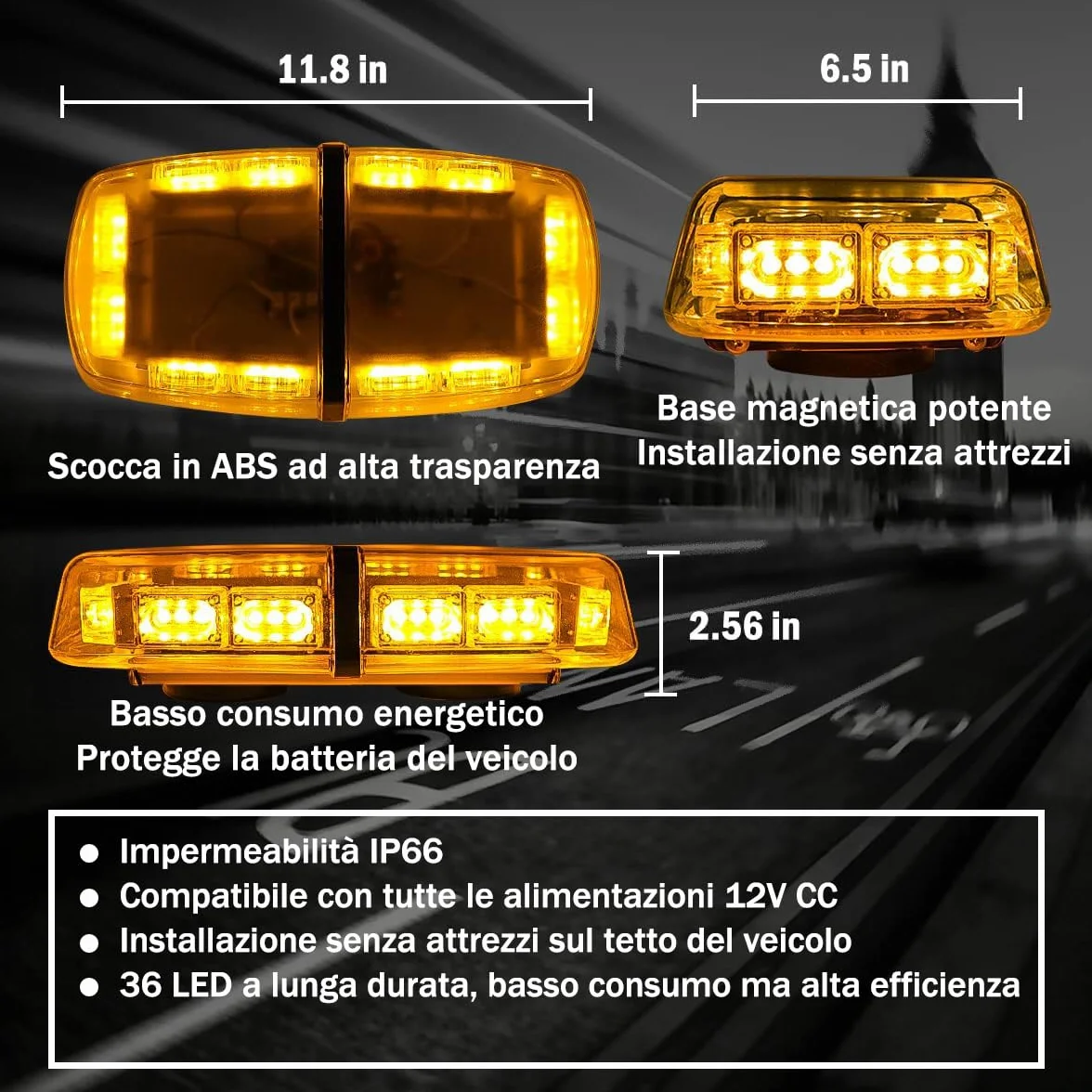 Mini Barra LED Stroboscopica Magnetica 36 LED Ambra 12V/24V, Luce di Emergenza con 7 Modalità Flash IP66 per Camion, Taxi, Veicoli da Cantiere e Sicurezza Stradale