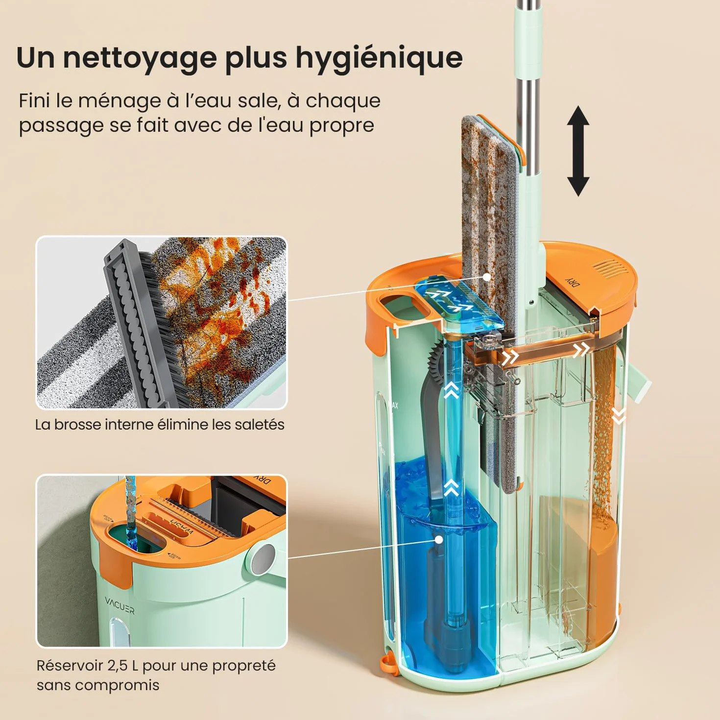 Scopa mocio centrifuga piatta 3 serbatoi K1-Pro, reale separazione acqua pulita e sporca, pulizia igienica senza sforzo, manico regolabile NOX, testa XL, x10 microfibra lavabili, marca francese