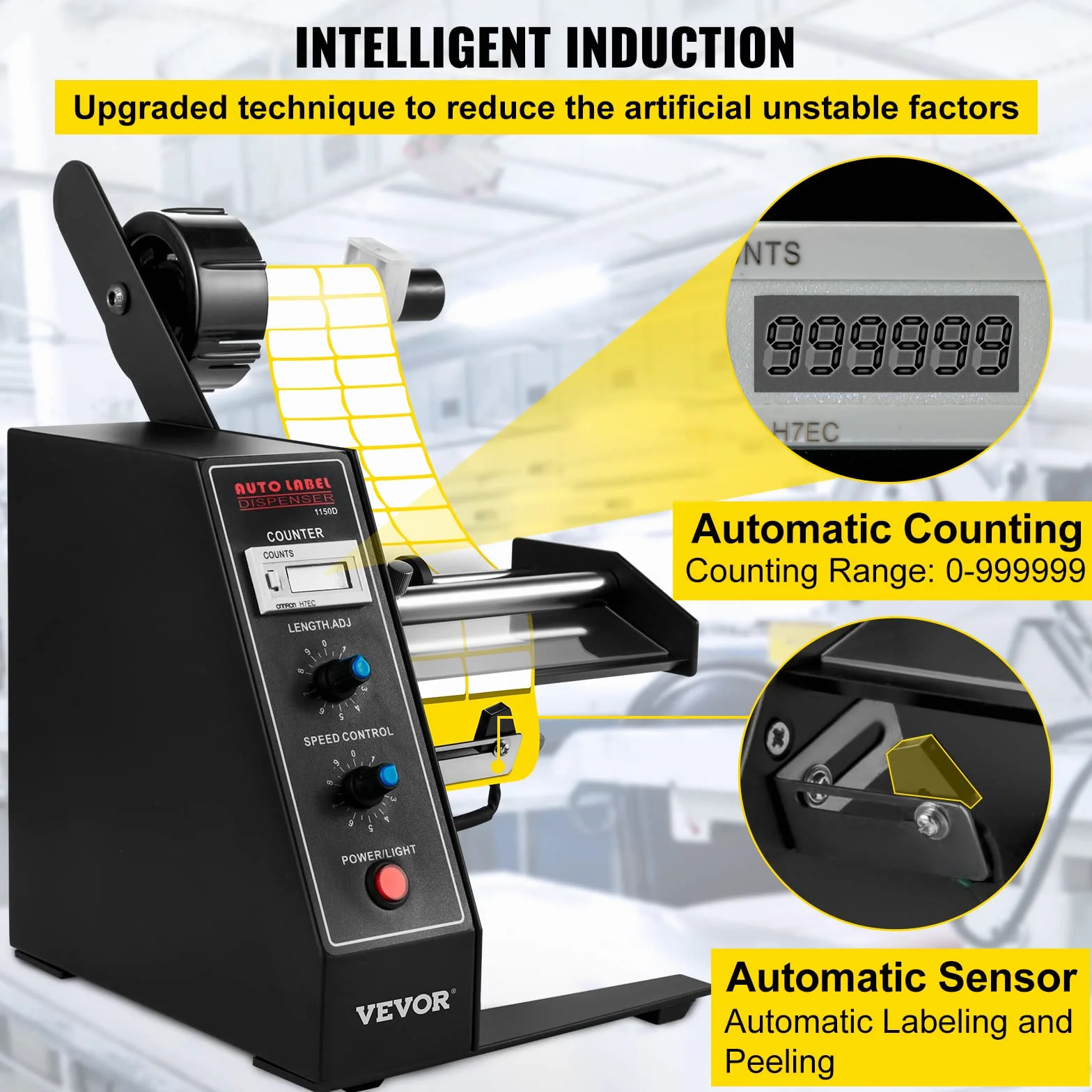 VEVOR Automatic Label Dispenser 110V, 12W AL-1150D Automatic Manual Label Stripper Label Machine 1-8 m/min, Portable Label Applicator for Various Bottles Label Sizes, Auto Counting 0-999999