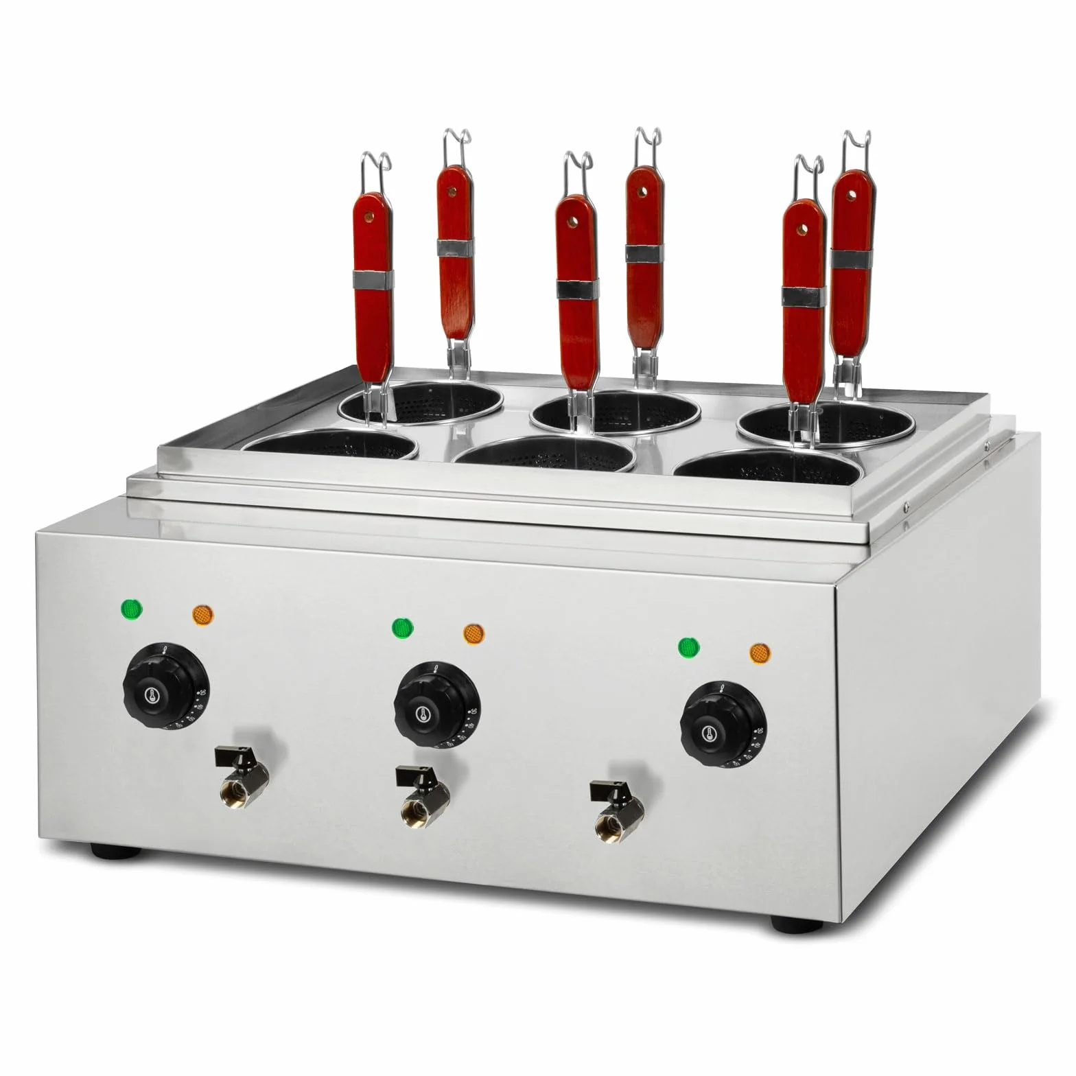 VERTES Cuocipasta Professionale in Acciaio Inox, Elettrico, 3x 1700W, 3 Vasche di Cottura Separate da 6 Litri ciascuna, 6 Cestelli per la Pasta, 3x Rubinetto di Scarico, 3x Impostazione Temperatura