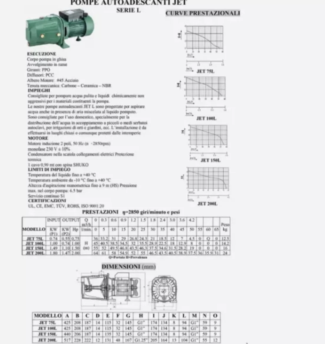Pompa Autoclave JSWM2AX 1,5 kW Monofase 220V, Prevalenza 28-58 m, Portata 1-58 L/min, Autoadescante per Acqua Pulita, Uso Domestico, Irrigazione Giardini e Serbatoi