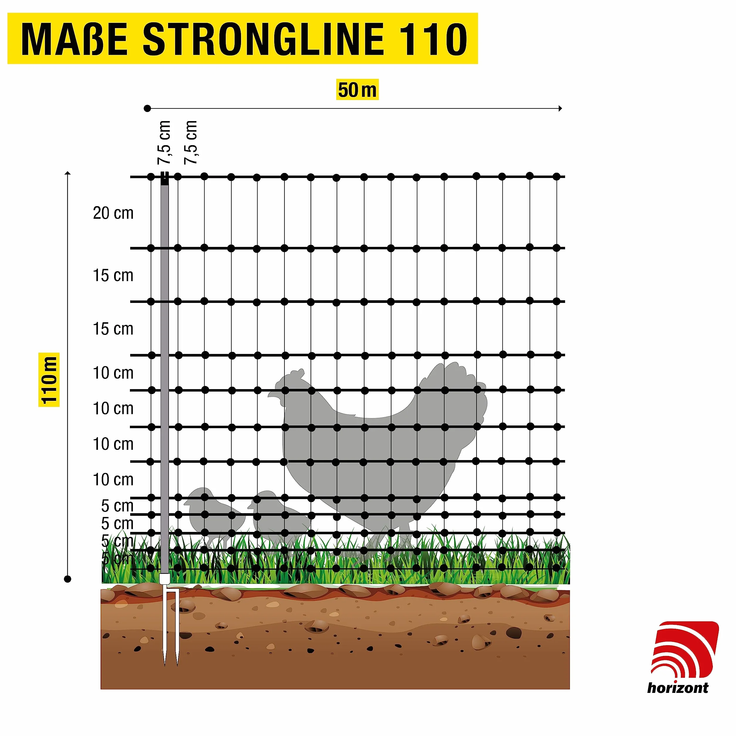 horizont recinto per pollame Strong Line 110, 15 pali in fibra di vetro a doppia punta lunghi 50 m, alti 110 cm, tutti senza elettricità, recinto mobile per polli