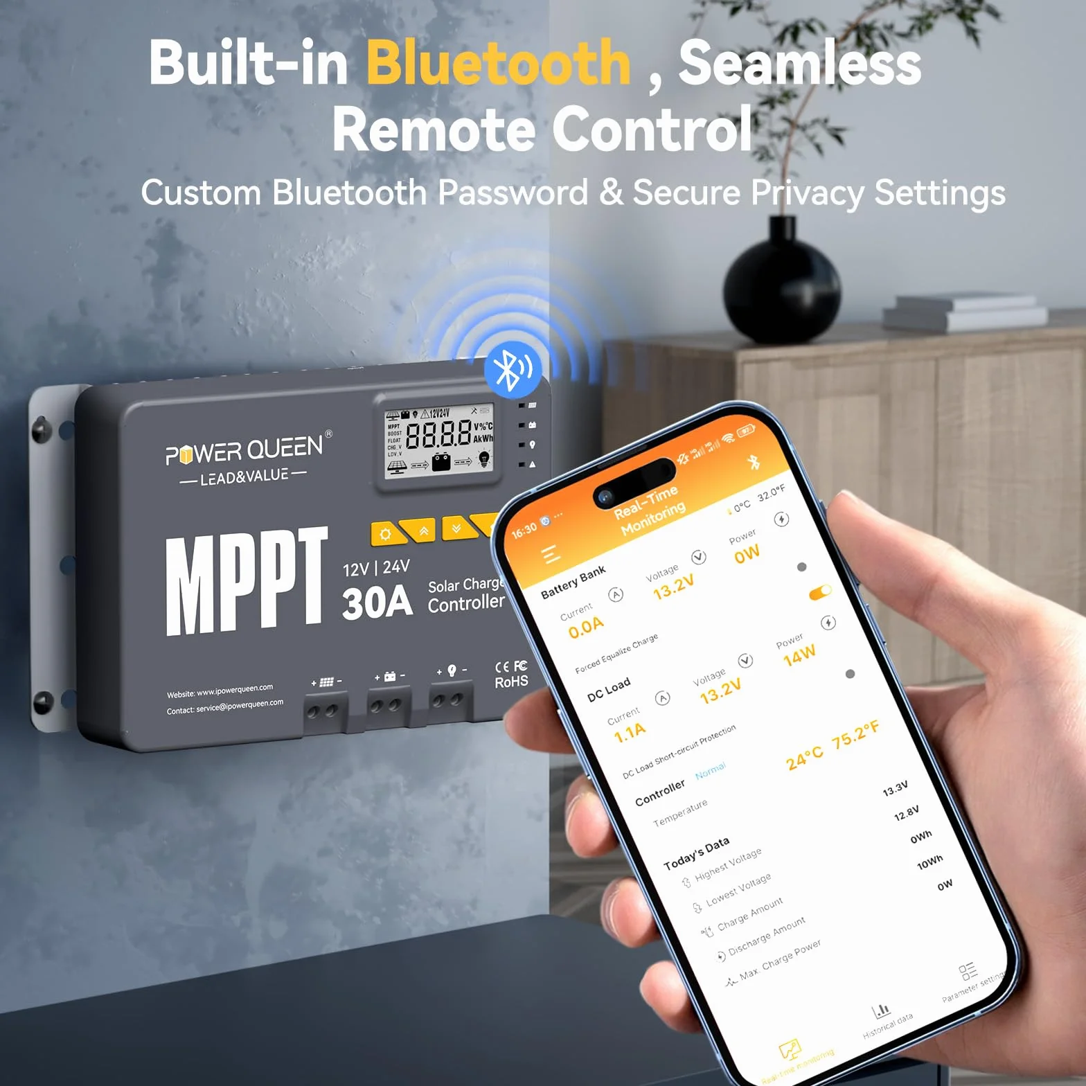 Power Queen 12/24 V 30A MPPT Regolatore di carica solare, potenza di ingresso max. 900 W, modulo Bluetooth integrato, display LCD, standard per batteria LiFePO4 e compatibile con batterie sigillate al