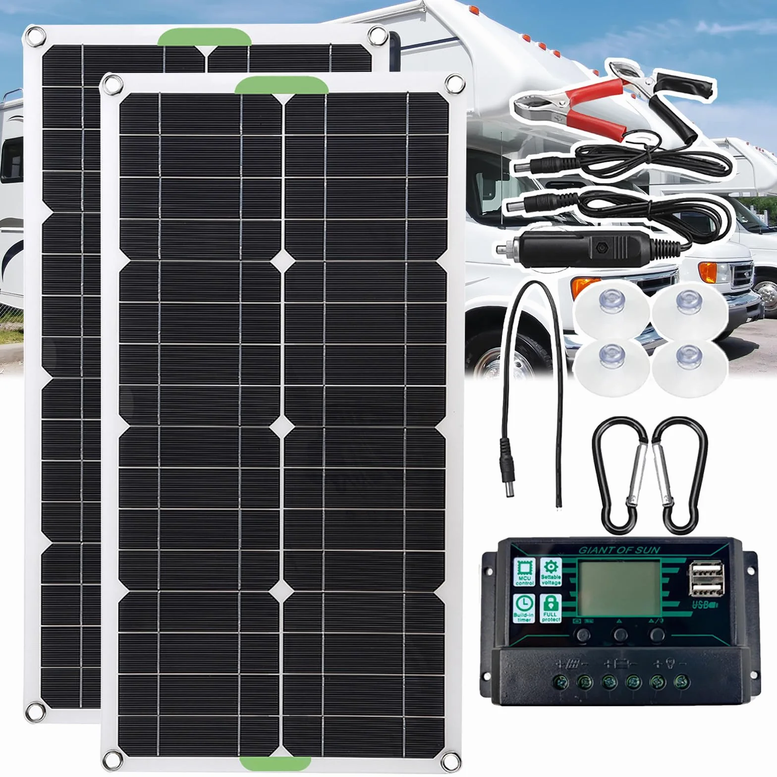 Pannello Solare Monocristallino Portatile da 250w 500w con Controller 10a/20a/30a, Doppia USB, può Essere Utilizzato per La Ricarica della Batteria 12v/24v,500W-30Acontroller