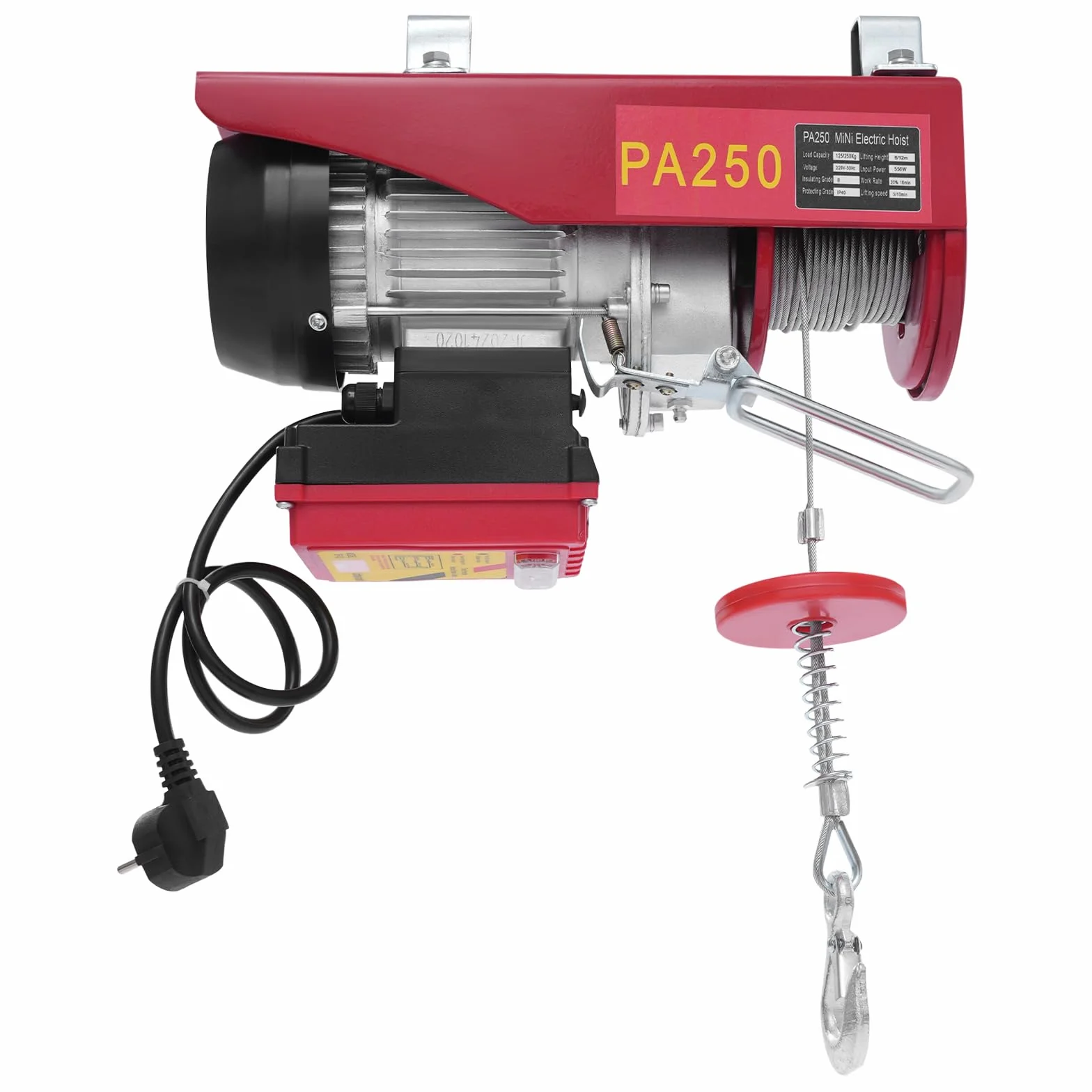 Verricello elettrico 250 kg – 12 m di altezza di sollevamento, cavo elettrico con braccio girevole e telecomando radio 550 W, rivestimento elettrico sicuro per garage cantieri e magazzini (supporto