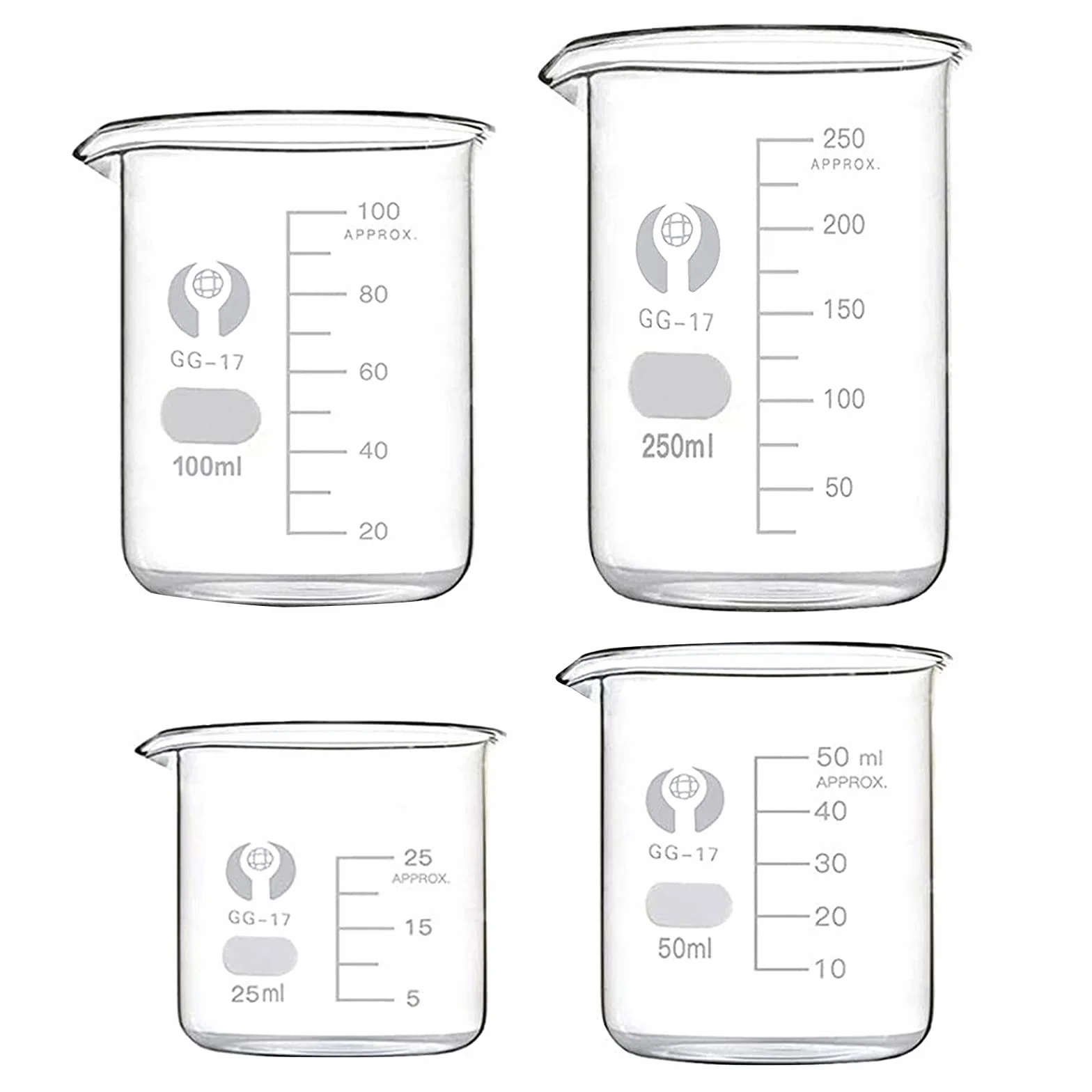Set di 4 misure: 25, 50, 100, 250 ml, Bicchieri in vetro borosilicato trasparente, Misurini da laboratorio