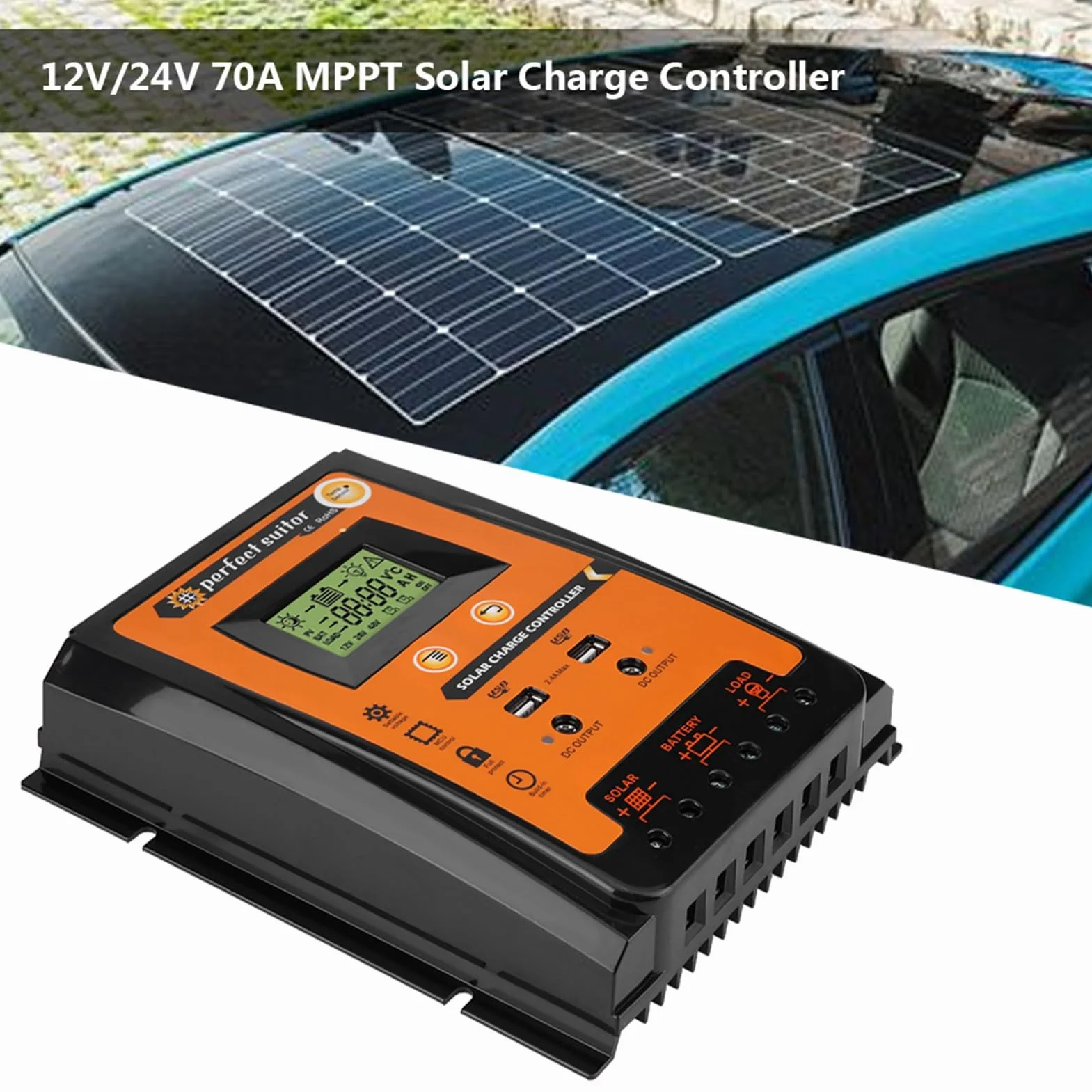 Regolatore di Carica Solare, Plastica Ip32 12V/24V 30A 50A Mppt Regolatore di Carica Solare Pannello Solare Regolatore Batteria Doppio Display LCD USB, Caricatore Solare C (70A)