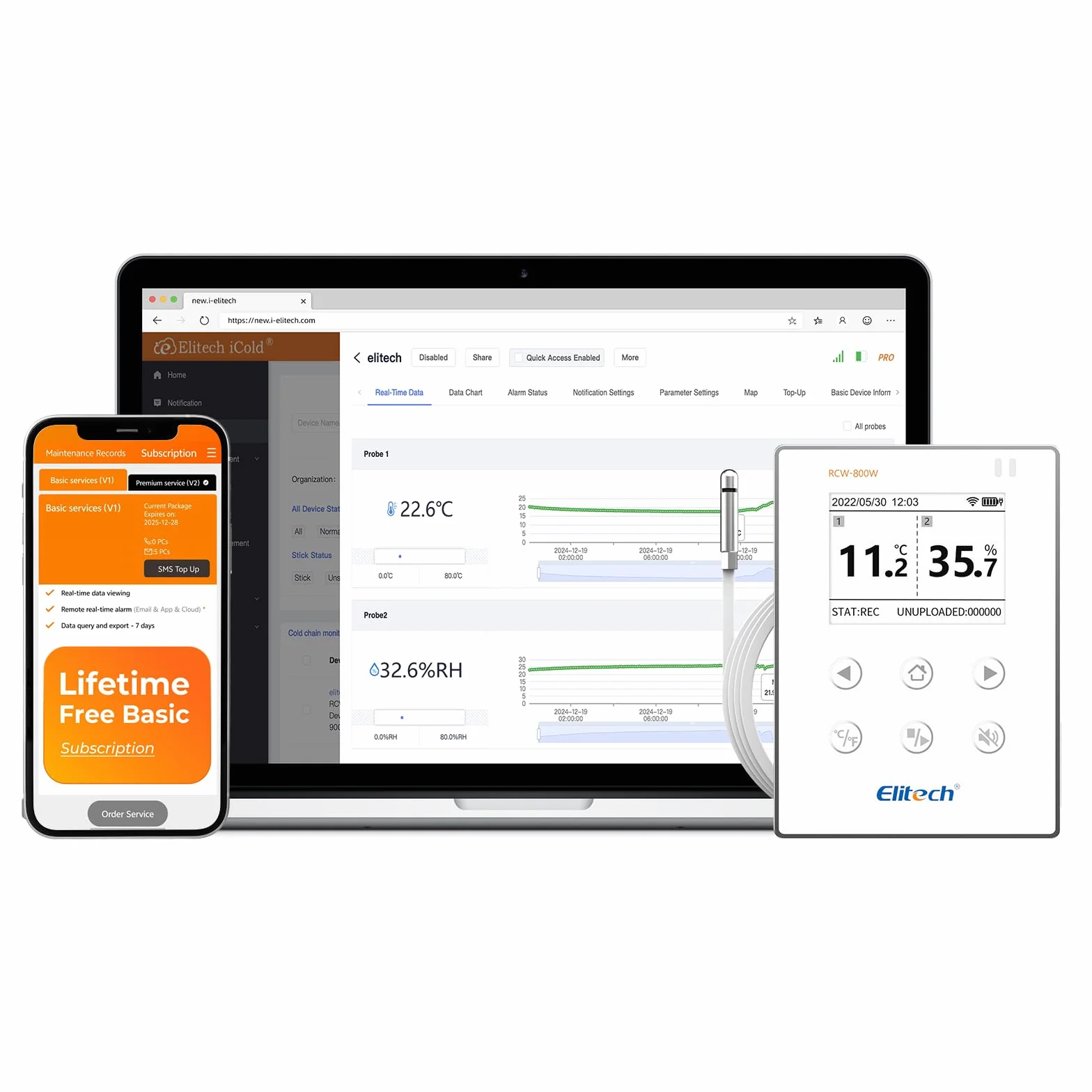 Elitech Dati Logger WiFi per Temperatura e Umidità (-40 ℃ ~ 80 ℃) Monitoraggio Remoto in Tempo Reale Archiviazione Cloud SMS/E-Mail/Allarme Tramite App RCW-800W-THE-V2