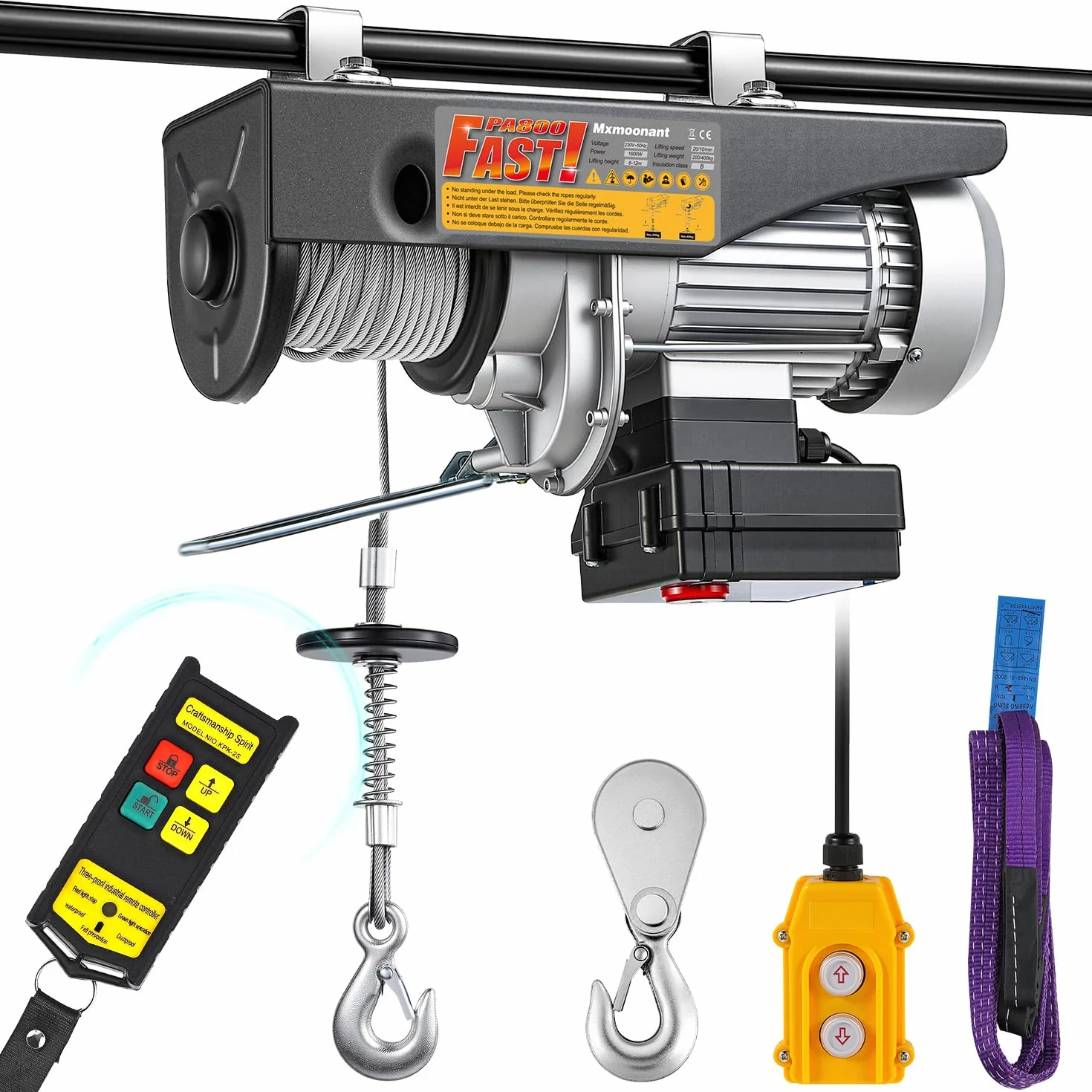 Mxmoonant Paranco elettrico, 200/400 kg, tipo veloce 10/20 m/min, sollevamento 6/12 m, controllo wireless e via cavo, 1600 W