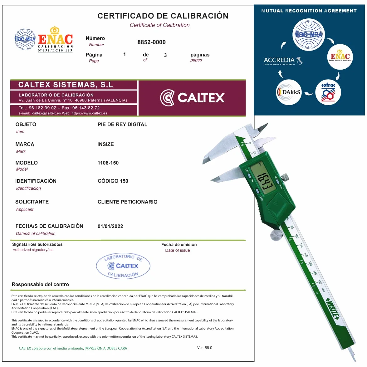 Calibro tarato INSIZE 1108-150 con Certificato di Taratura Acreditato LAT (accettato da ACCREDIA)