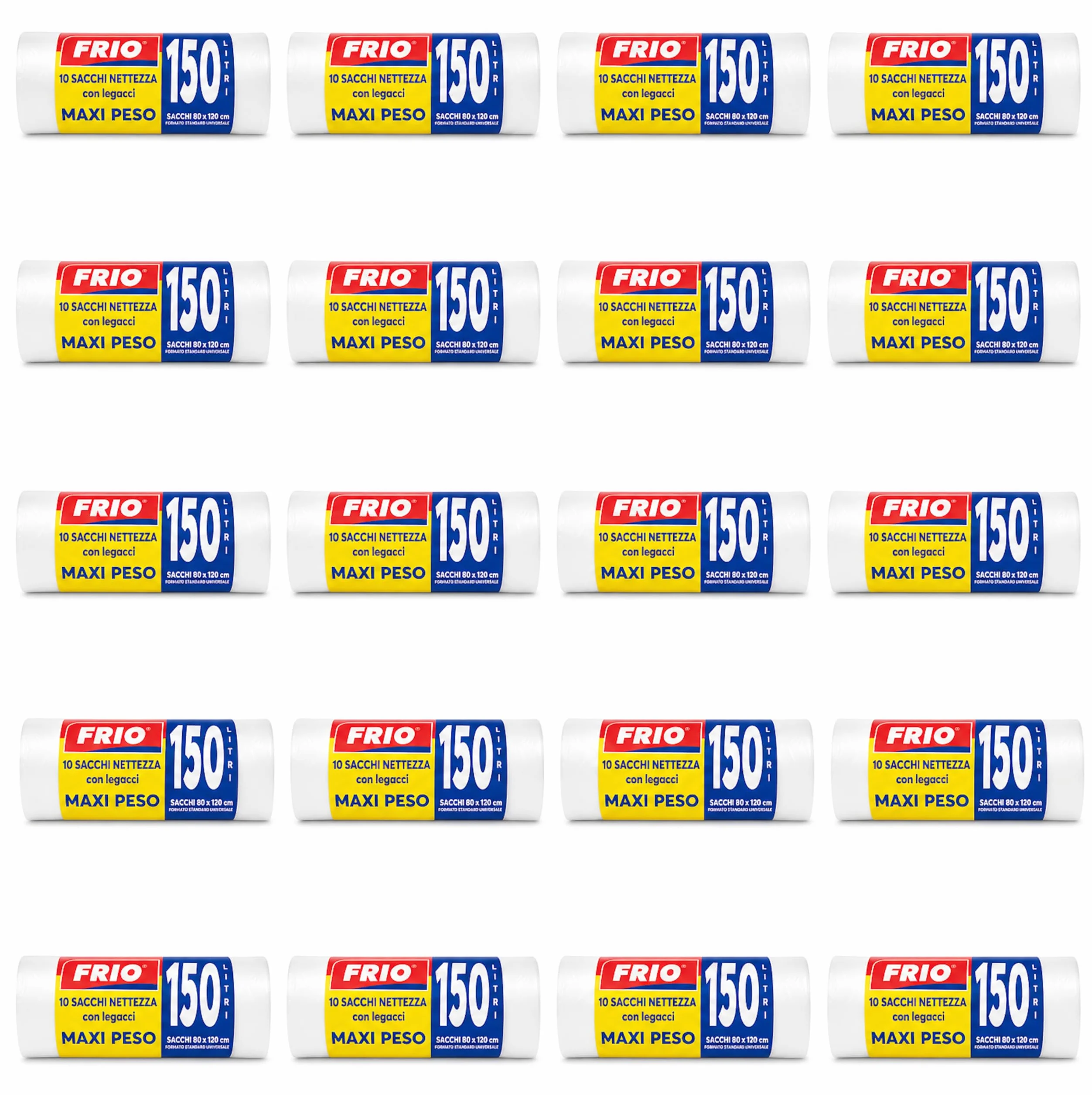 FRIO - 200 sacchetti grandi, 150 litri, trasparenti, sacchi spazzatura condominiali formato scorta per bidone raccolta differenziata, con legacci. Buste spazzatura 80x120 cm, multistrato, resistenti
