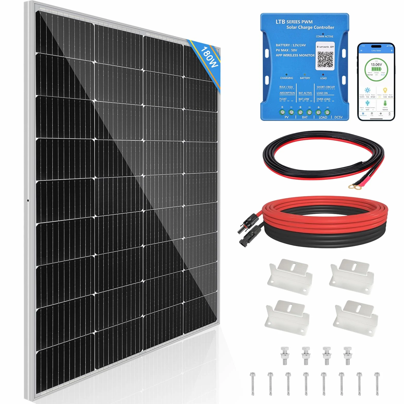Pannello solare da 180 W, 12 V, pannello solare monocristallino, kit di cella solare: pannello solare da 180 Watt, con regolatore di carica solare Bluetooth da 20 A, cavo solare da 5 m, staffe