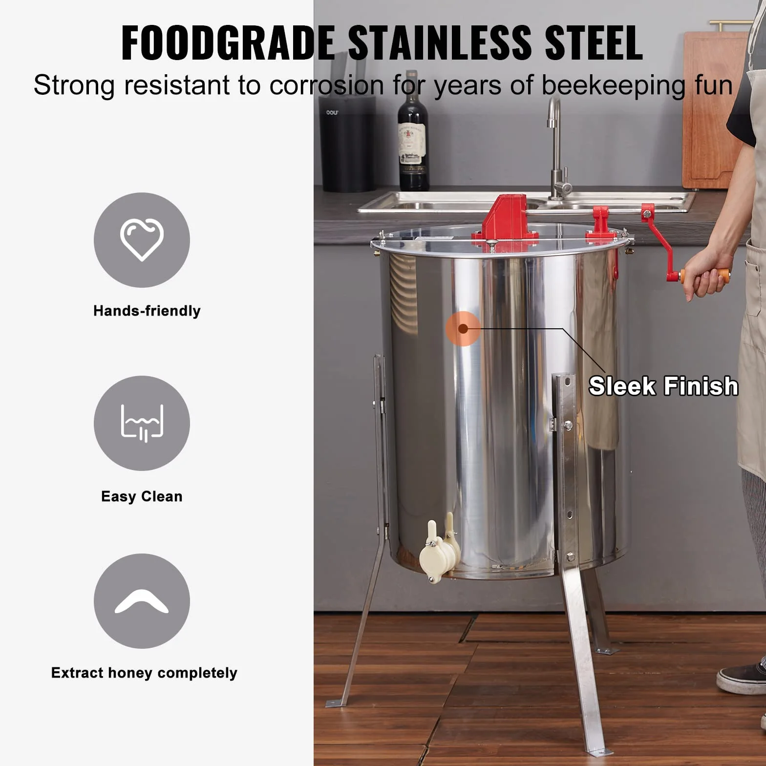VEVOR Estrattore di Miele Manuale in Acciaio Inox Capienza Flessibile 2/4 Favi 3 Favi 4/8 Favi per Apicoltura, Smielatore Centrifuga di Miele con Coperchio Trasparente Altezza Regolabile tra 100-108cm