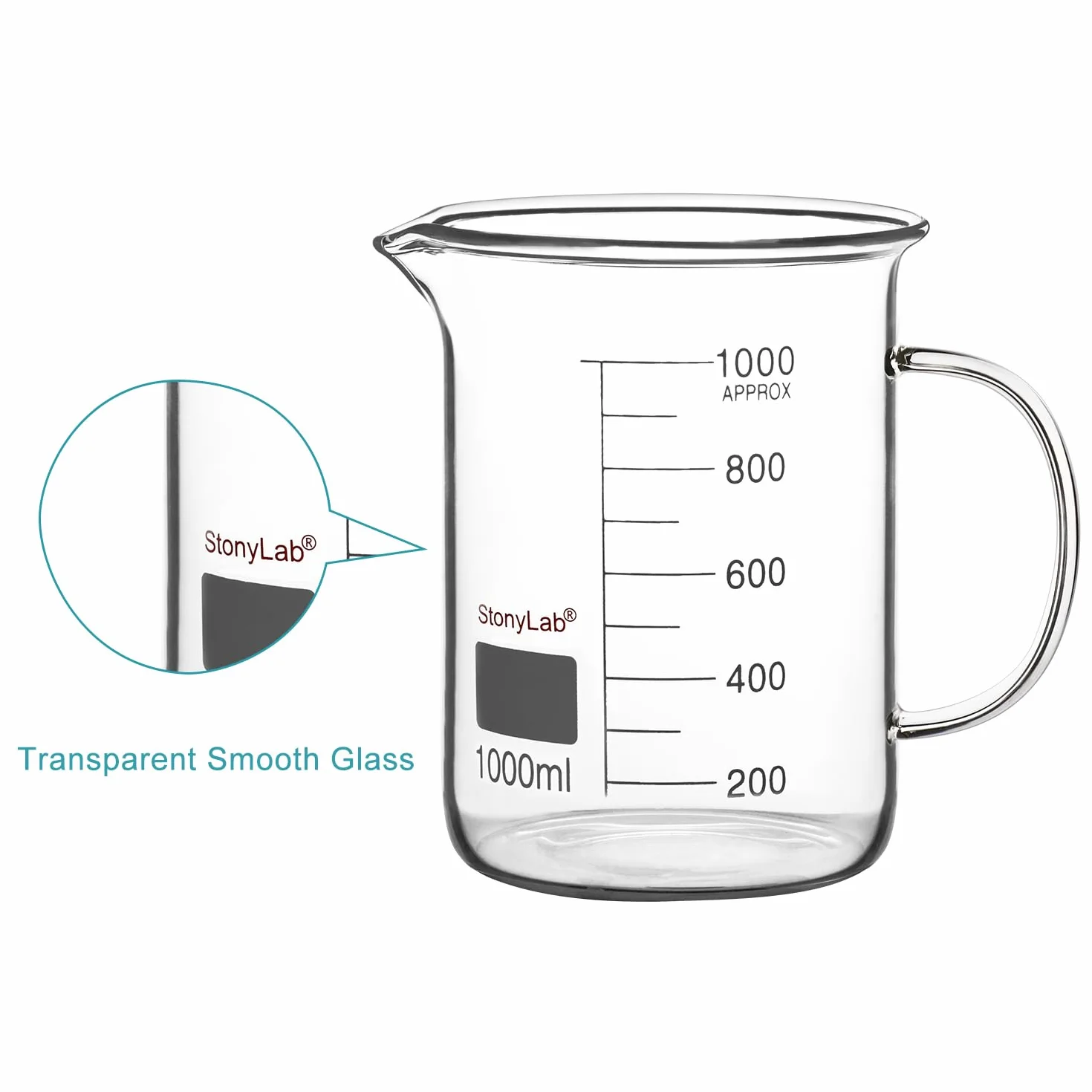 stonylab Bicchiere in Vetro con Manico, Bicchiere Graduato in Vetro Borosilicato Griffin a Forma Bassa con Manico e Beccuccio per Versare, 1000 ml