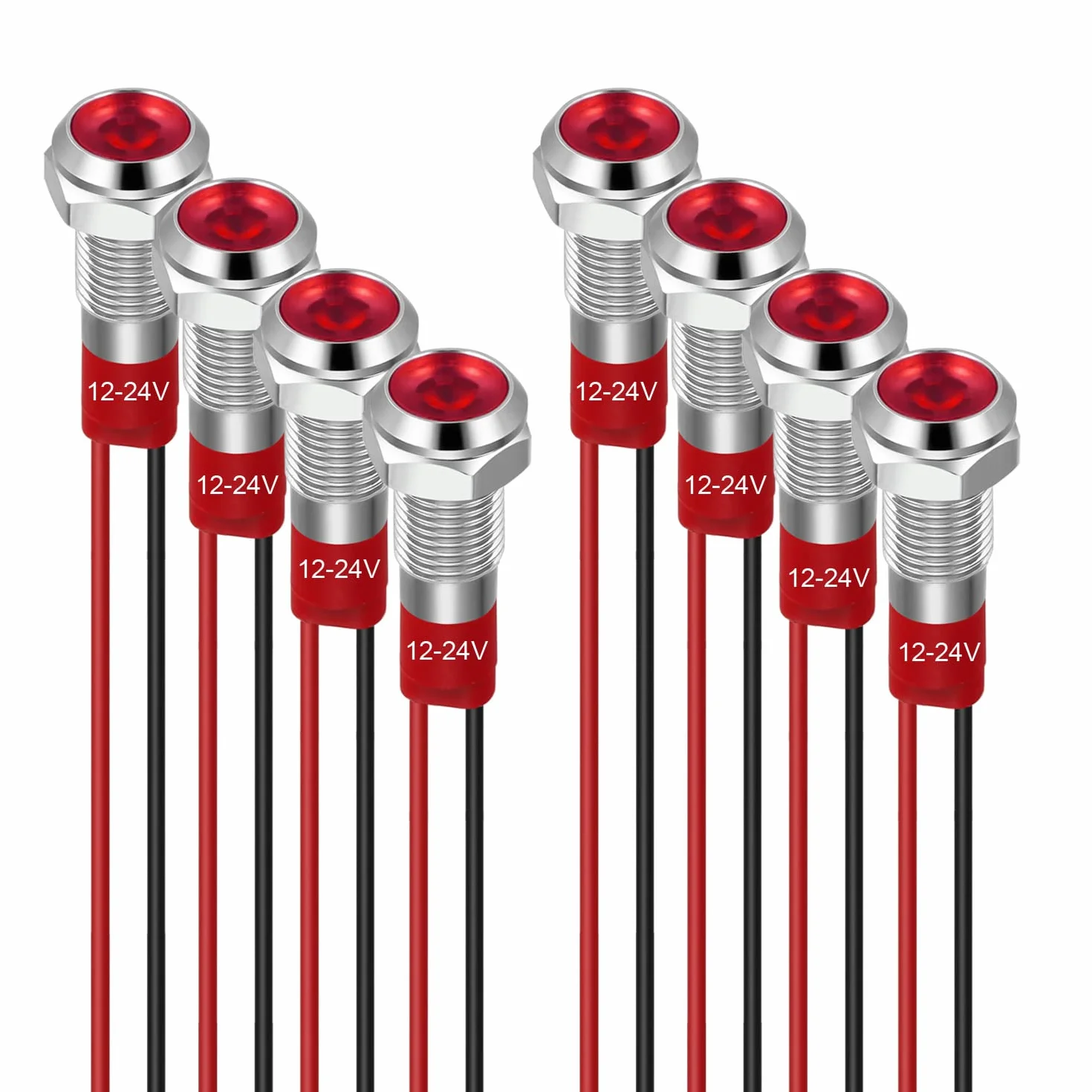 GUUZI 6mm LED Indicator 12-24V Waterproof Metal Panel Indicator Light Flat Head with Wires Silver Shell Red 8 Pcs