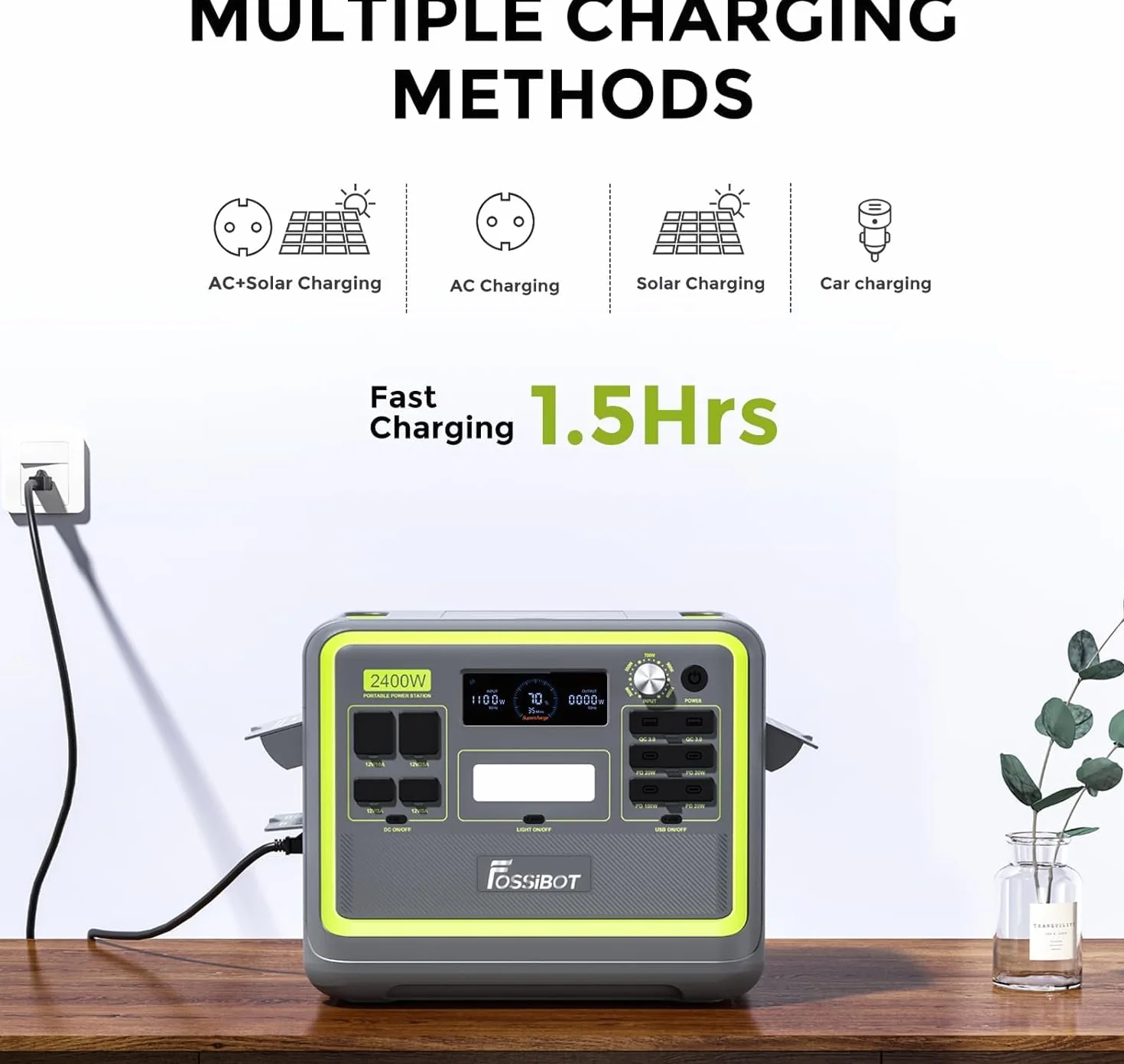 FOSSiBOT F2400 Generatore Solare con Pannelli Solari da 420 W, Batteria LiFePO4 da 2048Wh con Uscita da 2400 W, Ricarica Rapida di 1,5 ore, Centrale Elettrica Portatile per Campeggio e Camper