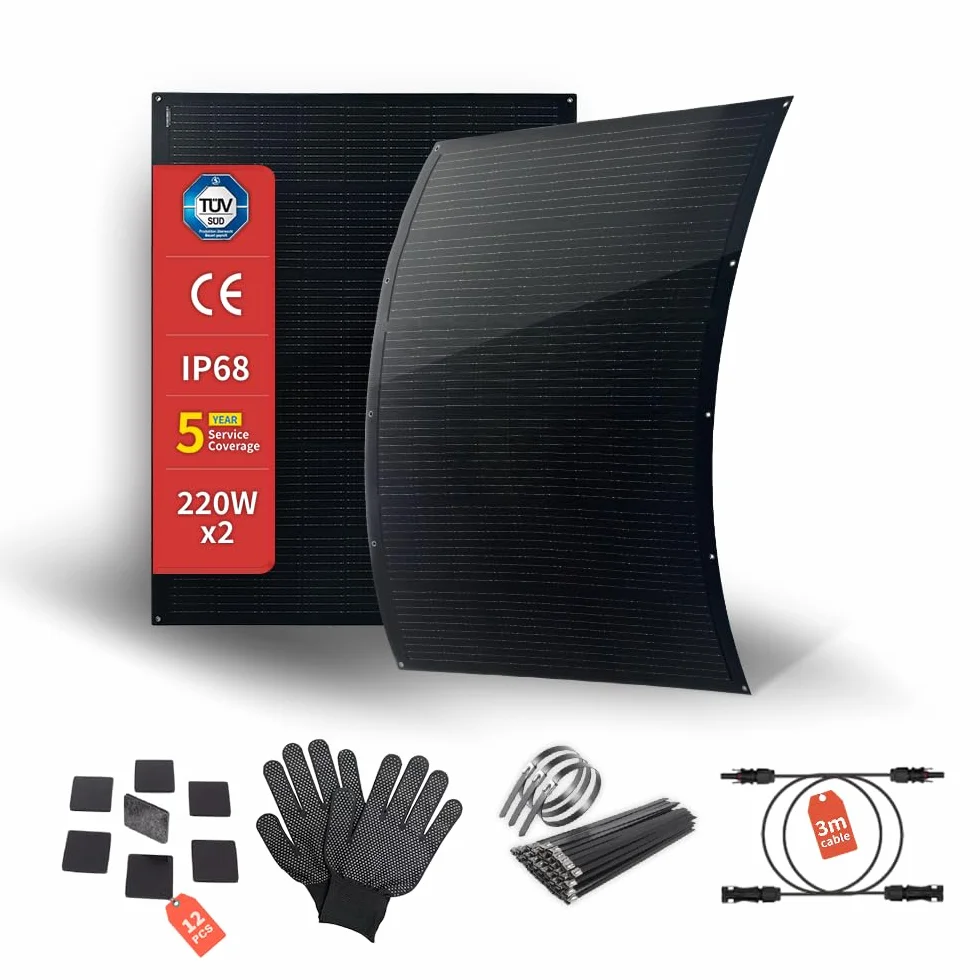 SAT-220-F8MP 400 W Set di Pannelli Solari Flessibili, 2 x 220 W | Moduli monocristallini da 16,5 V, nero opaco, 2,8 kg per pannello, protezione IP68, accessori di montaggio e cavo CC inclusi