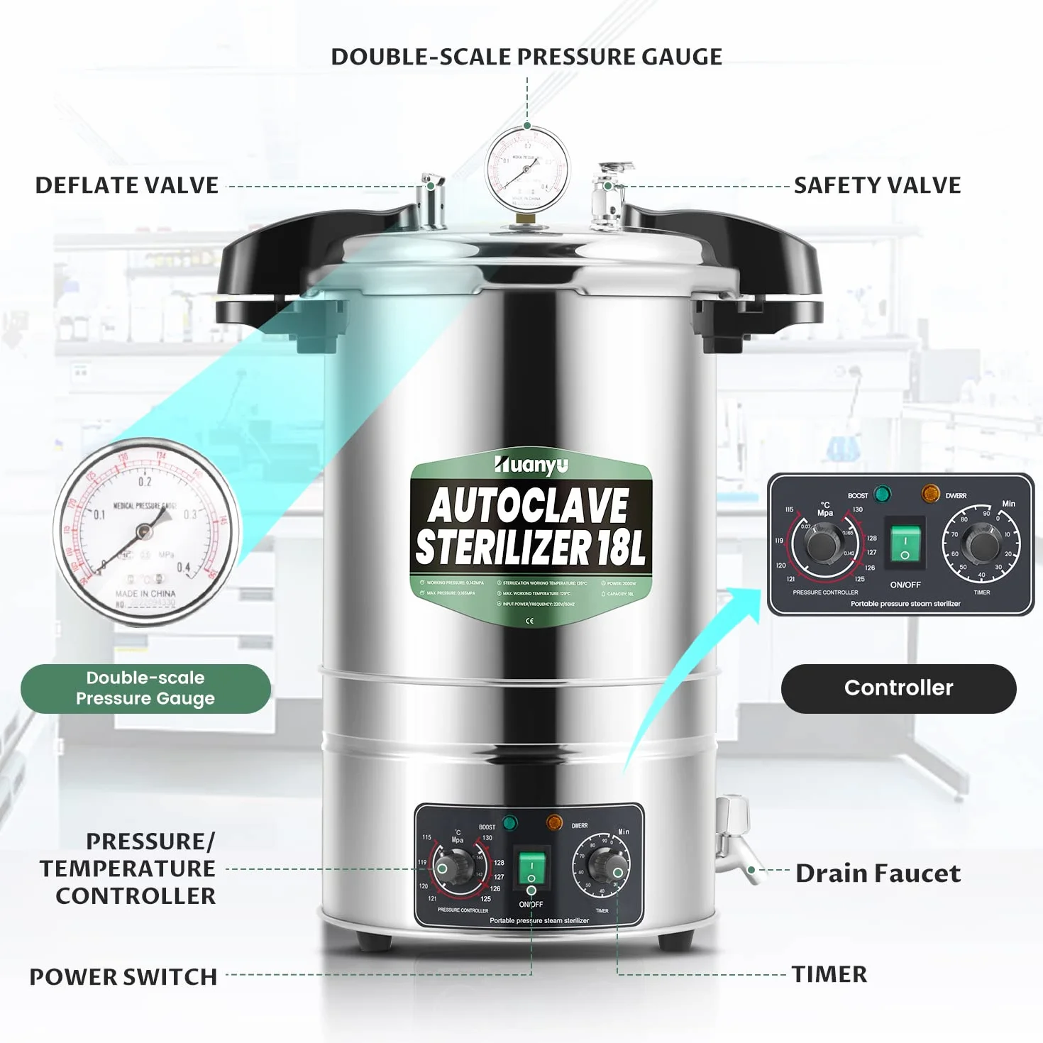 Huanyu 18L Autoclave Sterilizzatore Autoclave a vapore regolabile in temperatura e tempo Autoclavi elettriche da laboratorio Sterilizzatore a vapore ad alta pressione