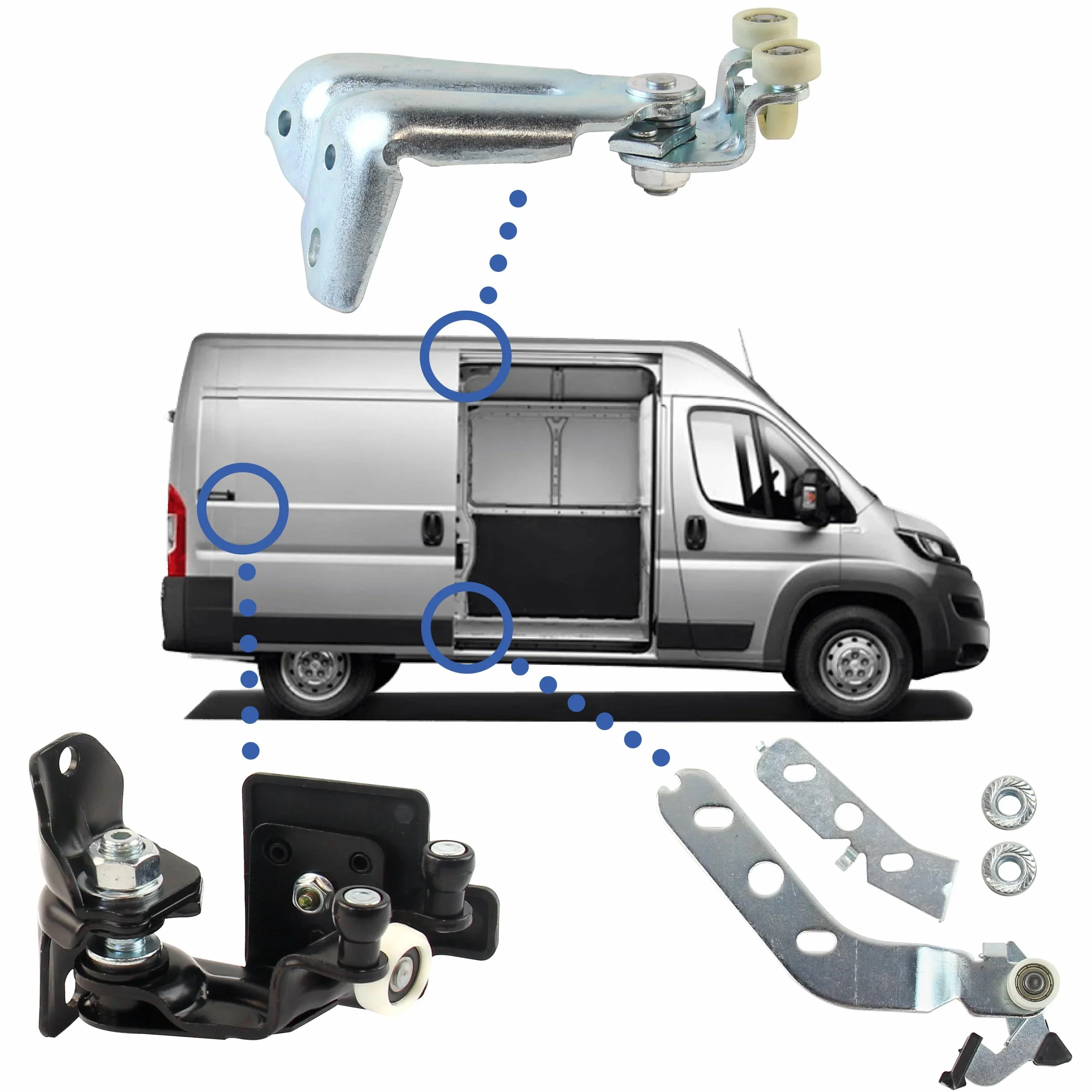 3 rulli porta scorrevole compatibili per Boxer 3, Ducato 3, Jumper 3 (dal 2006) guida porta laterale – Guida SUPERIORE - CENTRALE - INFERIORE | 1616883880 | 1376702080