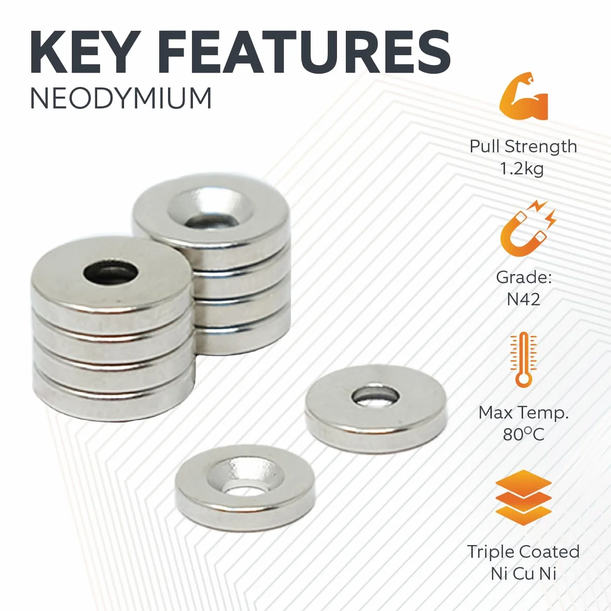 Magnete Neodimio 10mm Dia x 2mm Spessore 3mm C/Lavello 1,2kg Tiro Pacchetto 10