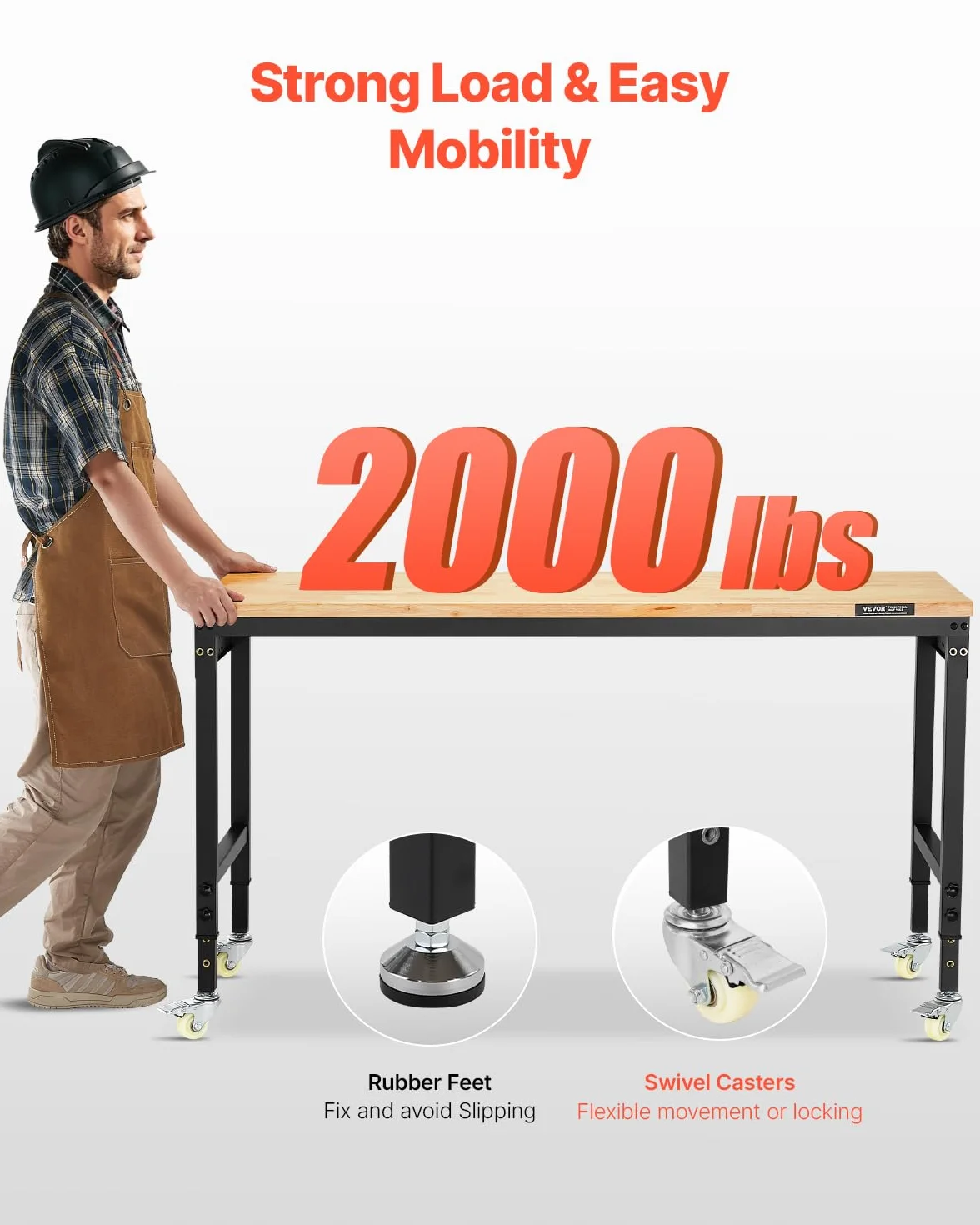 VEVOR Banco da Lavoro Regolabile 1524 mm, Carico 907 kg, Presa di Corrente, Tavolo per Lavoro Porta Attrezzi, Piano in Legno di Quercia per Garage, Officina, Ufficio e Casa