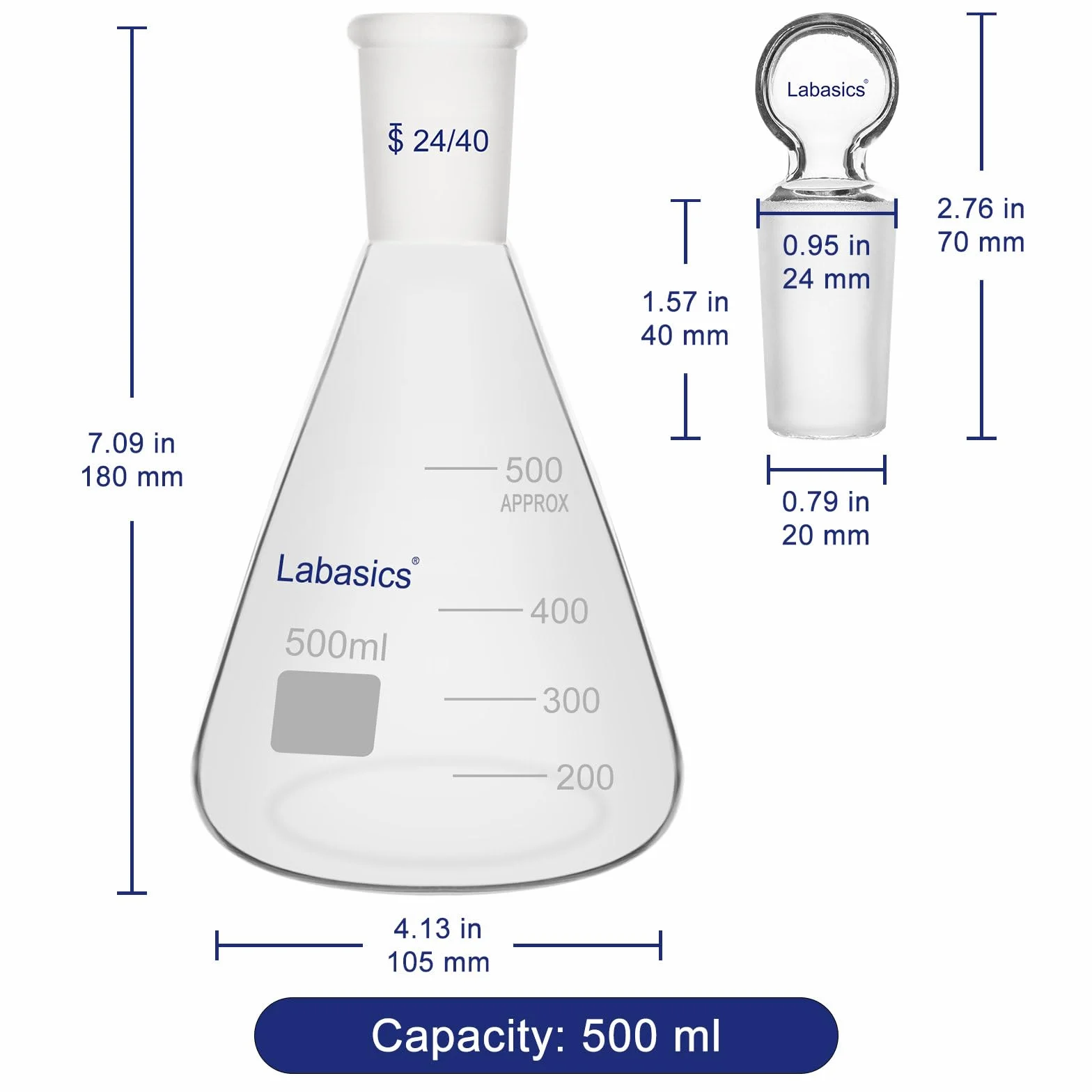 Labasics Flask Erlenmeyer in Vetro Borosilicato con Tappo a Giunto 24/40, Flask Conico per Miscelazione e Conservazione di Reagenti da Laboratorio, 500 ml