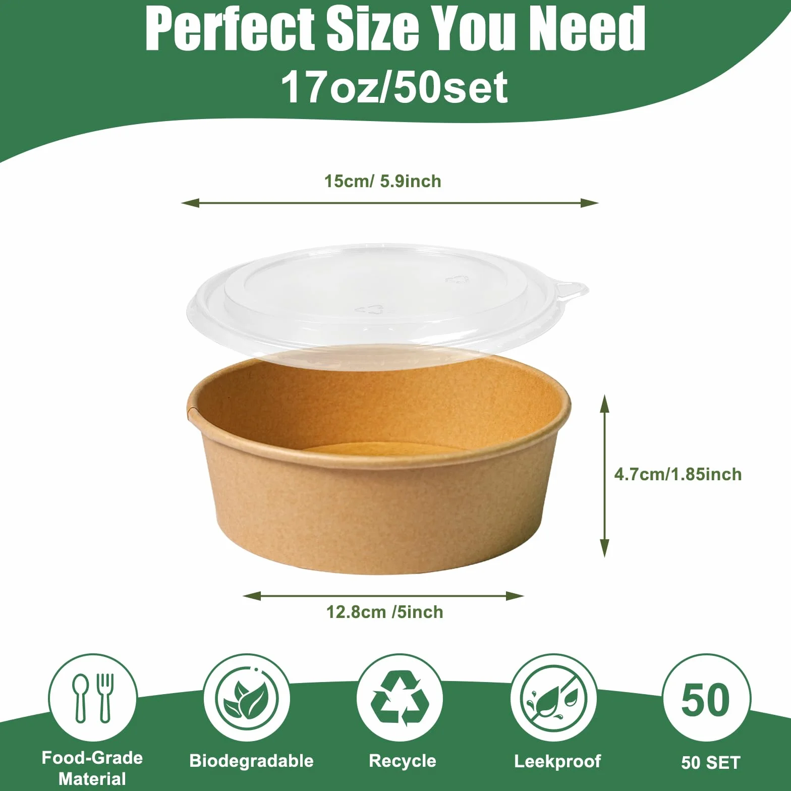 PakTalk 50pcs Contenitori per Alimenti Usa e Getta,500 ml ciotole usa e getta con coperchio in PET,perfetto per buffet picnic e festa