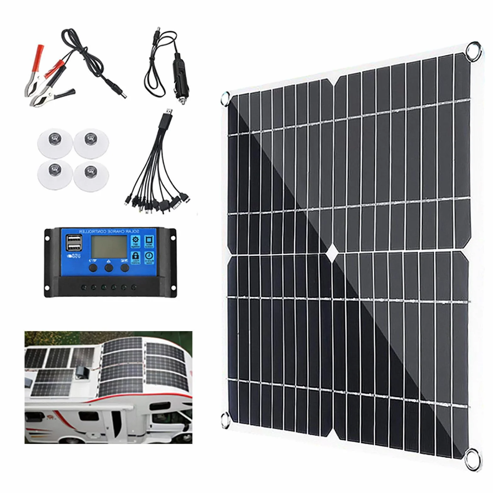 Kit Pannelli solari 200W 400W 600W 800W con Controller 30A/60A, Caricabatterie Solare Portatile USB 12V per Camper/Tetto/Campeggio/Auto/Barca/Camper, 200W-30A