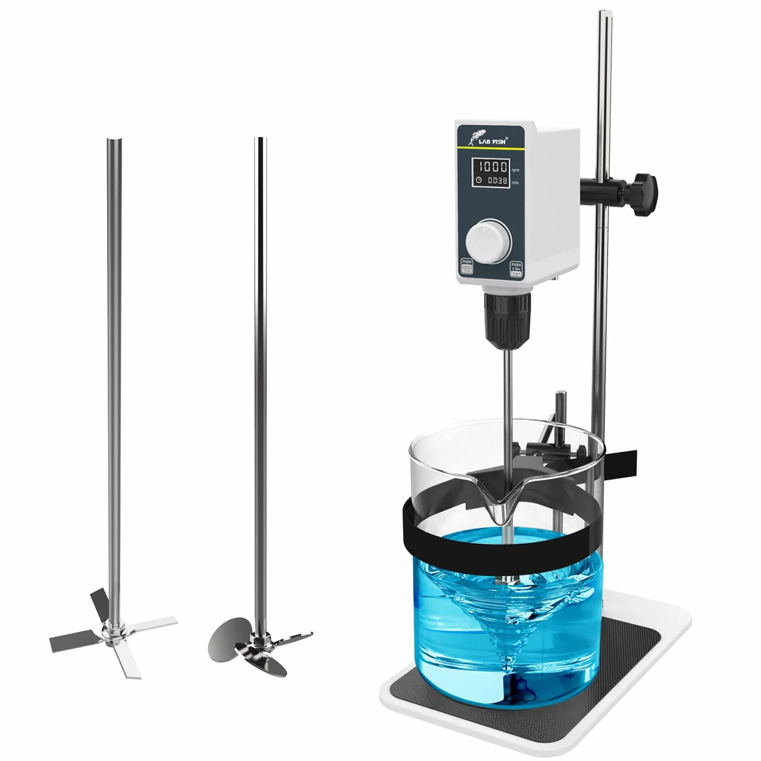 LAB FISH Agitatore a Immersione Overhead Stirrer, Miscelatore da Laboratorio 50W con Pala e Supporto Acciaio Inox, Velocità Regolabile 100-2000 RPM, Timer 1min-24h, per 20L & 20000 mPas