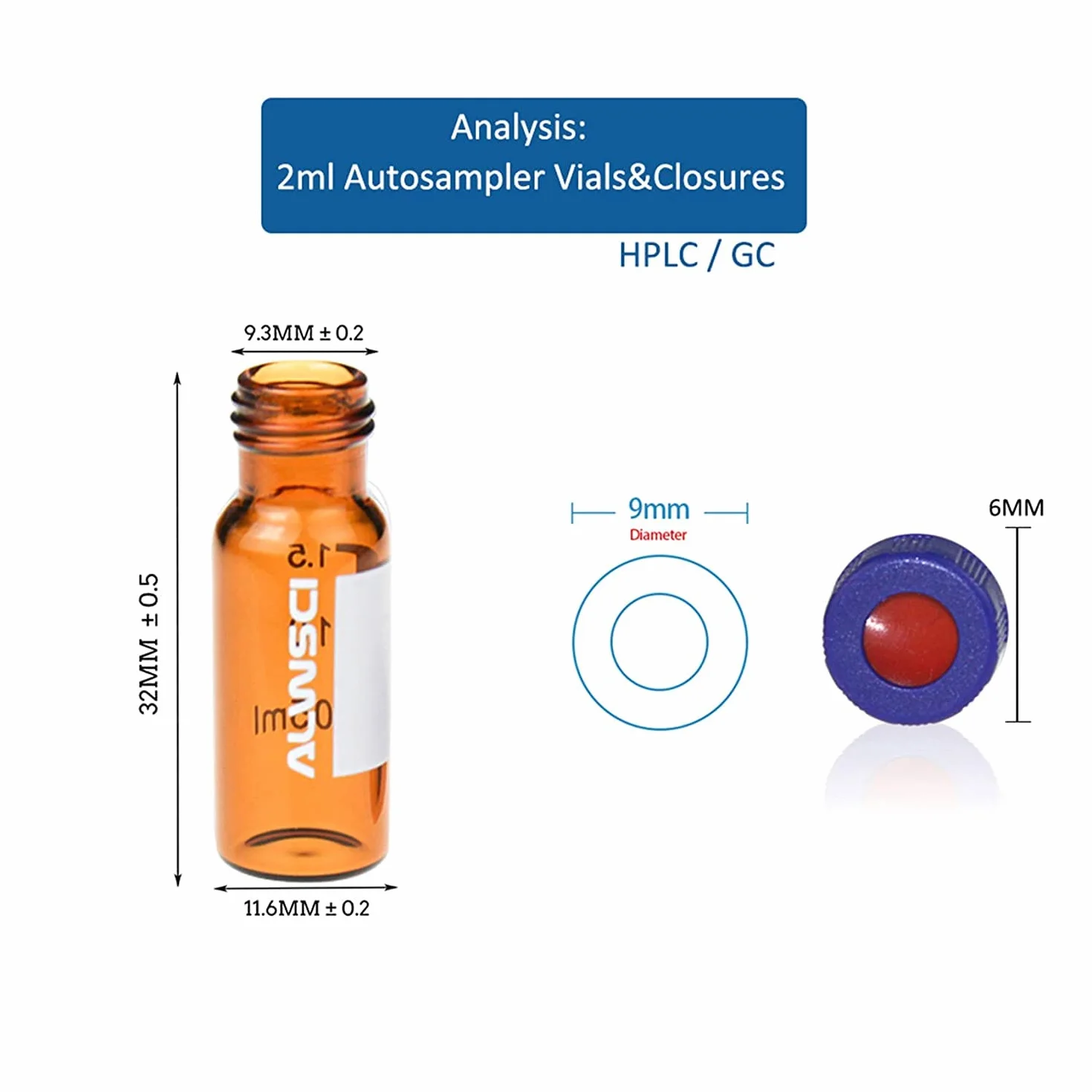 ALWSCI Fiale HPLC 2 ml Vetro Ambra 9-425 Tappo a Vite Blu Setti PTFE Silicone 100 pz