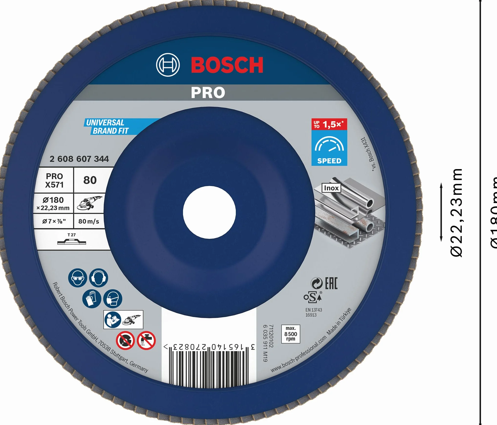 Bosch 1x Disco lamellare PRO X571 grandi, versione diritta, in plastica (per Acciaio, Acciaio inossidabile, Ø 180 mm, Grano 80, Professional Accessorio Smerigliatrice angolare grande)