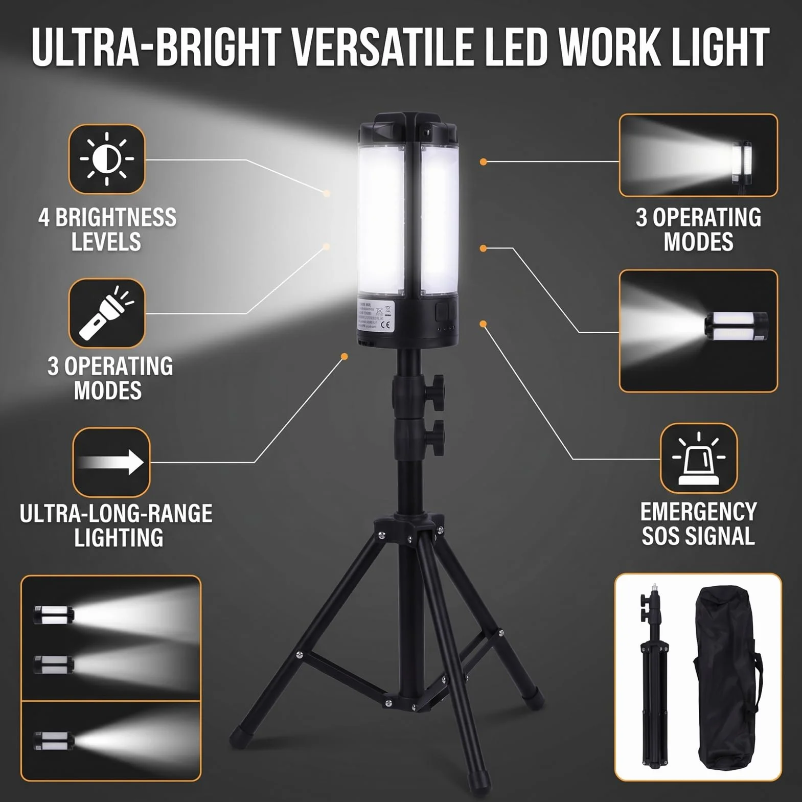 Luocute Luce da Campeggio Ricaricabile con Supporto, 4 Pannelli LED Regolabili 4100LM 6000K Lanterna Portatile Dimmerabile, con Base Magnetica Treppiede per Tenda da Campeggio di Emergenza