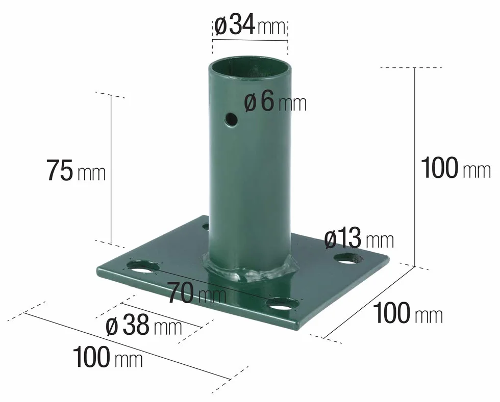 VERDELOOK | Piastra Manicotto a Base Quadrata e Supporto Rotondo Porta Palo, Cancello e Pannelli per Fissaggio a Terra, Verde, Diametro Interno 34 mm