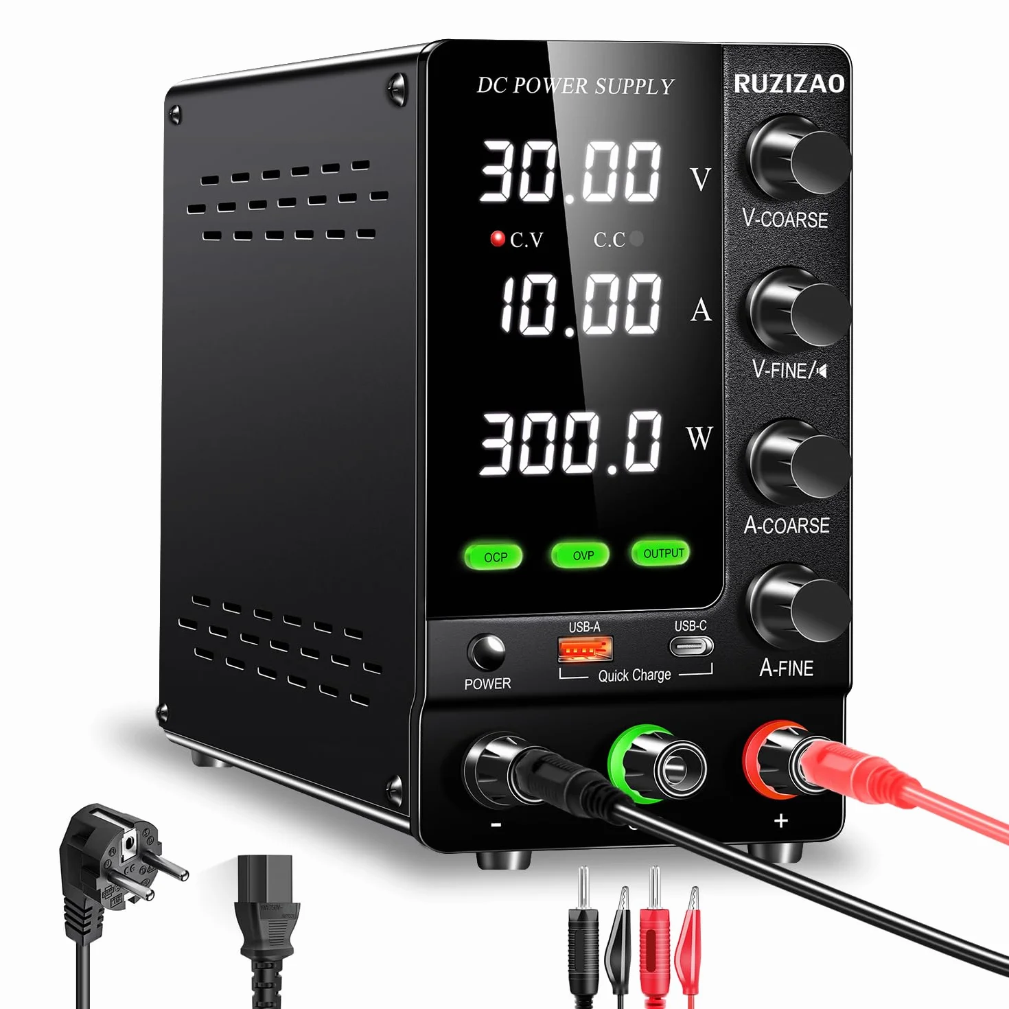 Alimentatore da Laboratorio 30V 10A Alimentatore da Banco con OCP/OVP/Interruttore di Uscita/Encoder/18W USB Carica Rapida, Alimentatore Stabilizzato per Elettronica/Riparazione/Batterie Test