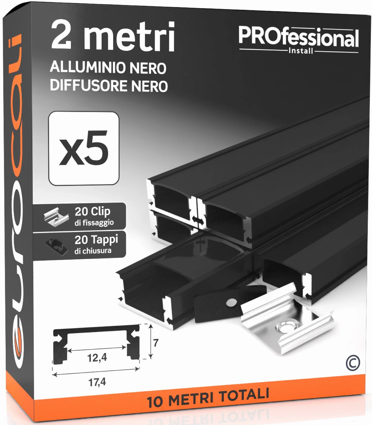 Eurocali 5x Profili da 2 metri (10mt) in Alluminio Nero per Strisce LED Copertura Opaca - larghezza max striscia led 12.4mm - 17.4 x 7