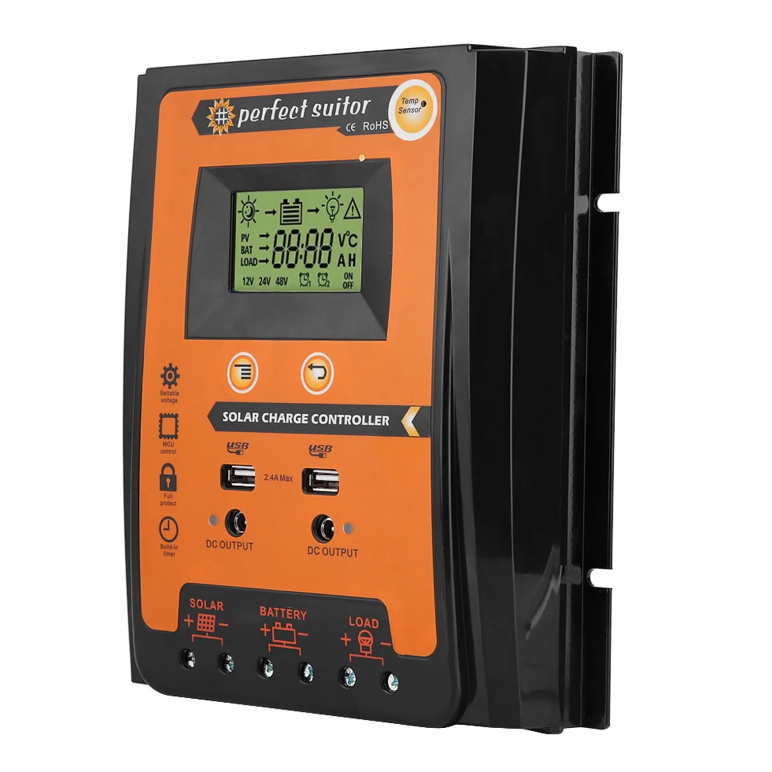 Regolatore di Carica Solare, Plastica Ip32 12V/24V 30A 50A Mppt Regolatore di Carica Solare Pannello Solare Regolatore Batteria Doppio Display LCD USB, Caricatore Solare C (70A)