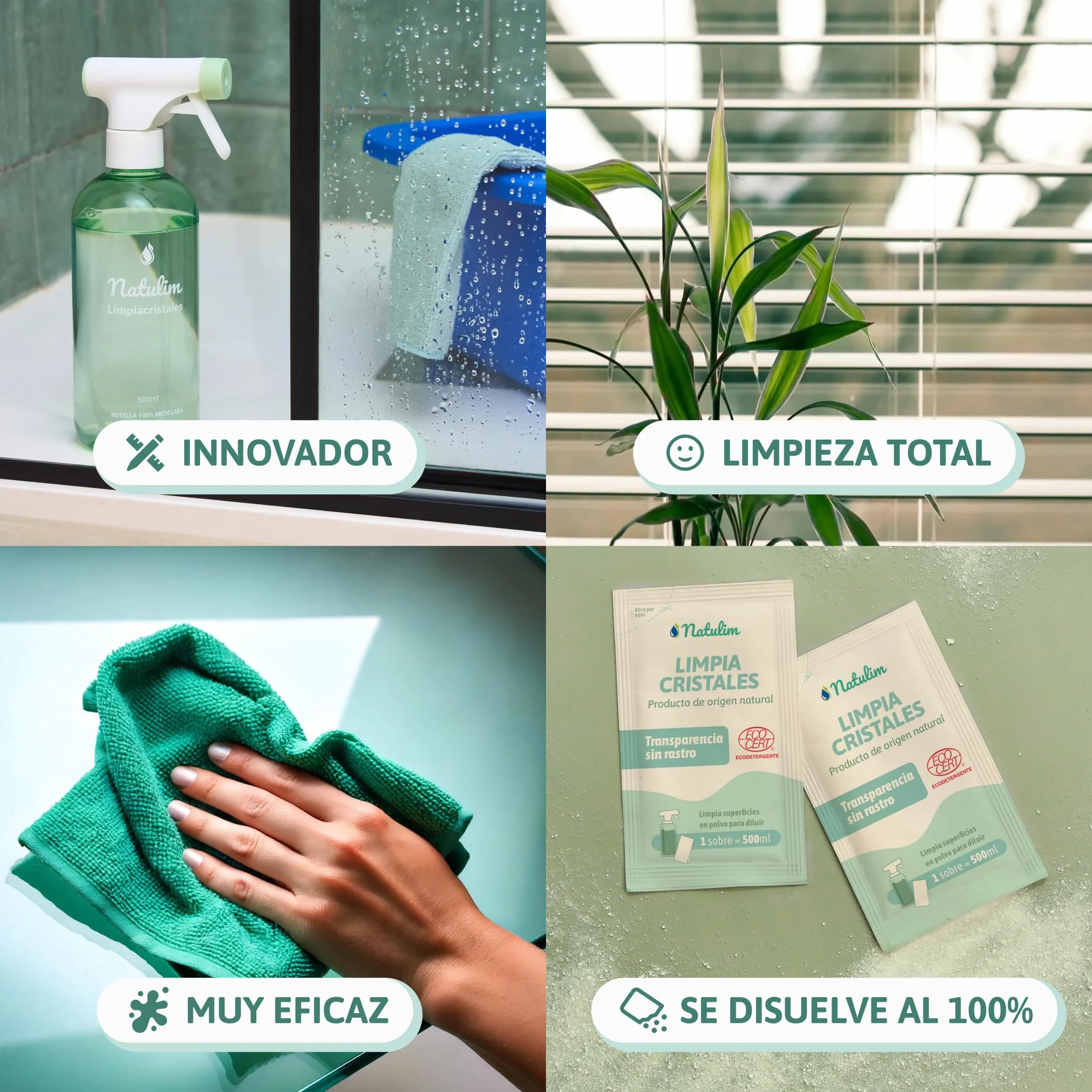 Natulim Confezione di detergenti per vetri – Pulizia profonda e senza traccia per superfici trasparenti – Set spray ricaricabile da 500 ml + 2 buste di ricarica (1 bustina = 500 ml).