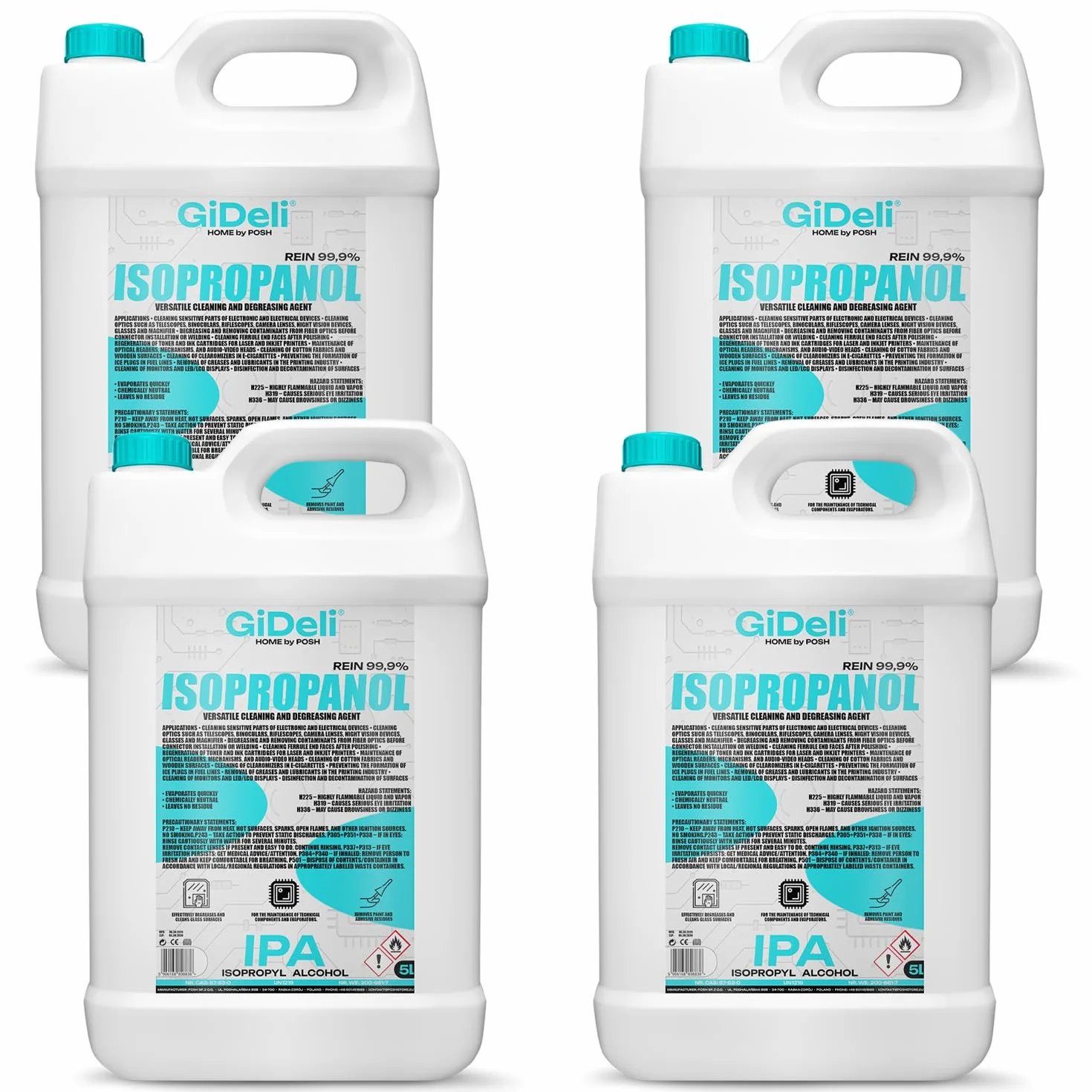 GiDeli Isopropanolo 99,9% 20 litri di alcool isopropilico ad alta percentuale di alcool per pulizia di componenti elettronici, lenti e schermi, pulizia di resine con stampa 3D