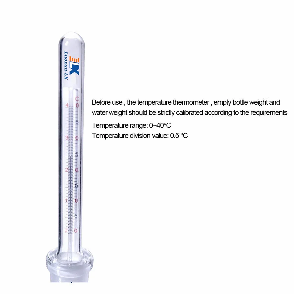 Flacone a gravità specifica, fondo piatto da 50 ml con termometro, picnometro in vetro da laboratorio (50ml)