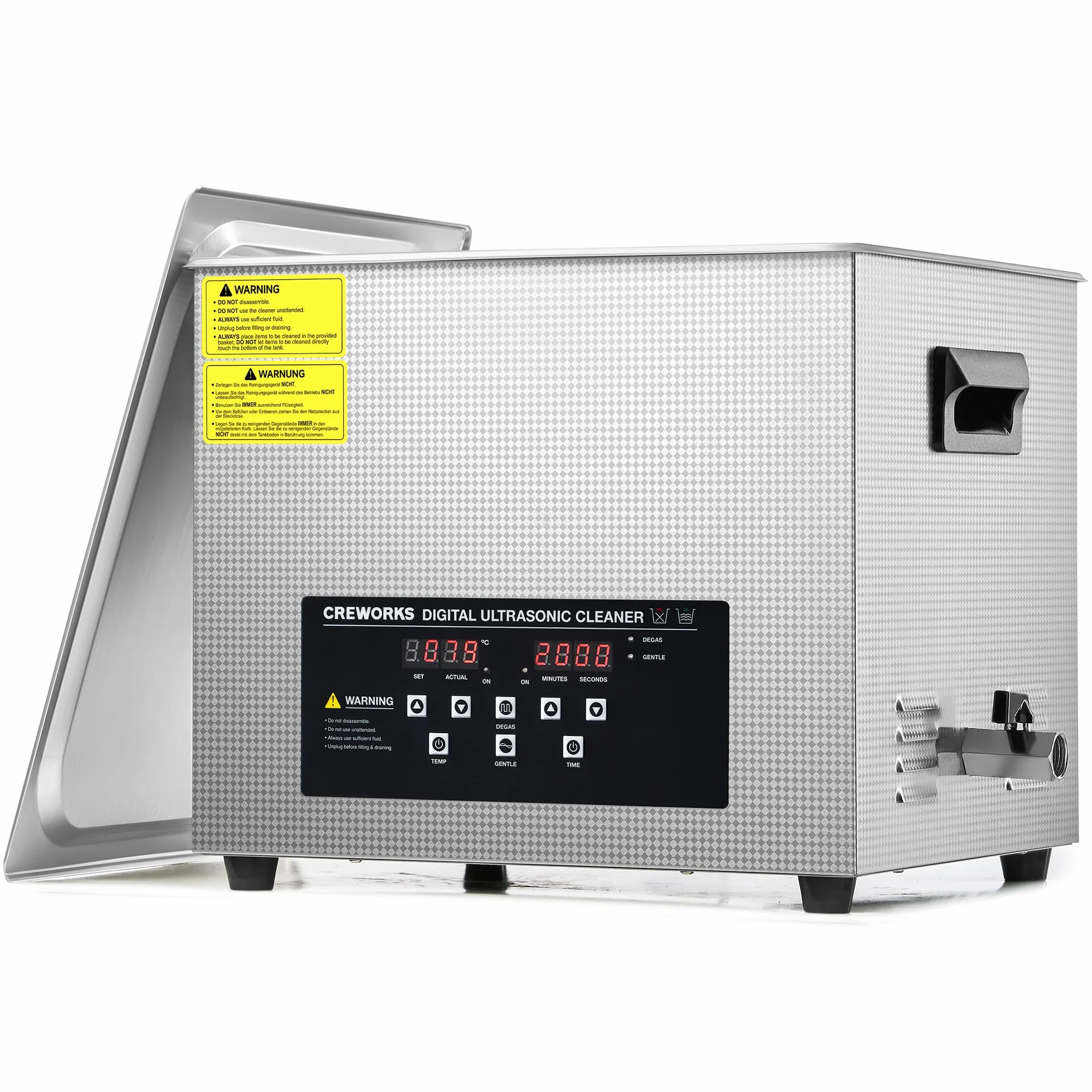 CREWORKS 15L Pulitore Ultrasuoni Industriale con 450W Riscaldatore e Timer Digitale 360W Vasca Ultrasuoni in Acciaio Inossidabile con Modalità Degas e Delicata per Strumenti Utensili e Ricambi Auto
