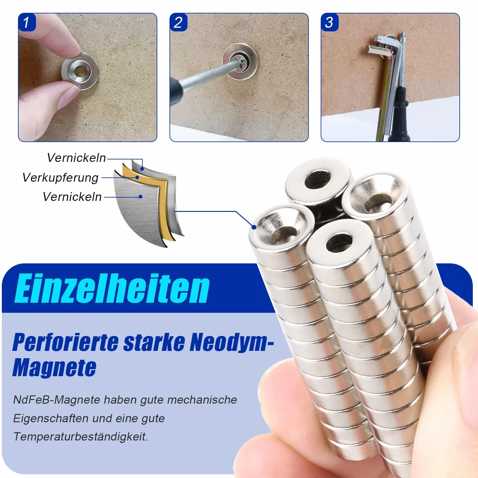 Magneti al Neodimio 10x3mm con Foro per Viti, Diametro di Affossamento 3mm, 60 Pezzi, Rotondi Piatti per Bacheca Frigorifero
