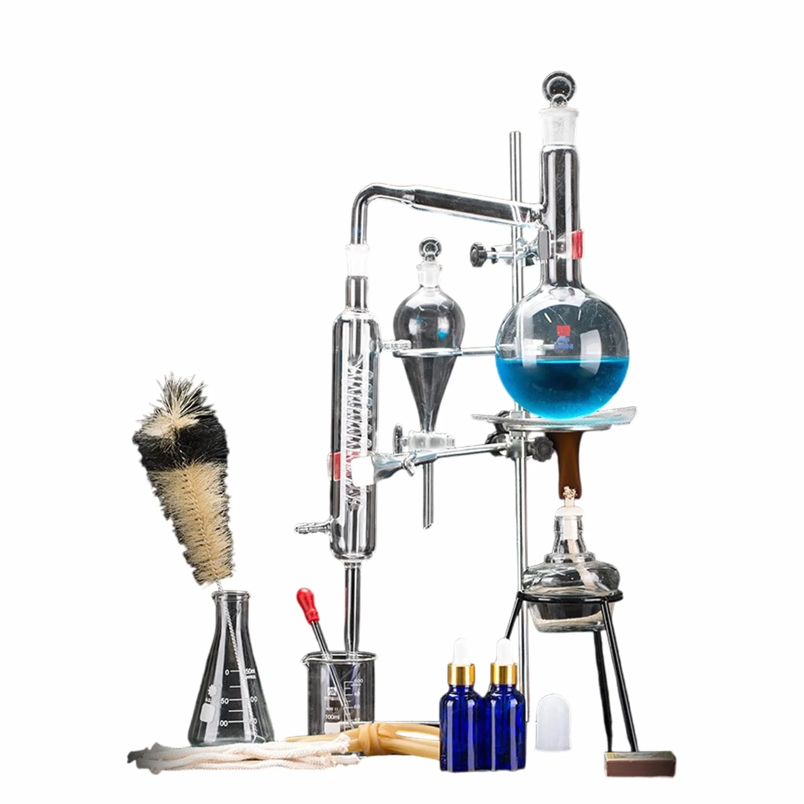 Kit per distillazione in laboratorio, apparecchio per distillazione a vapore in vetro per chimica, kit per distillatore di oli essenziali da 500 ml, attrezzatura per distillazione in vetro da