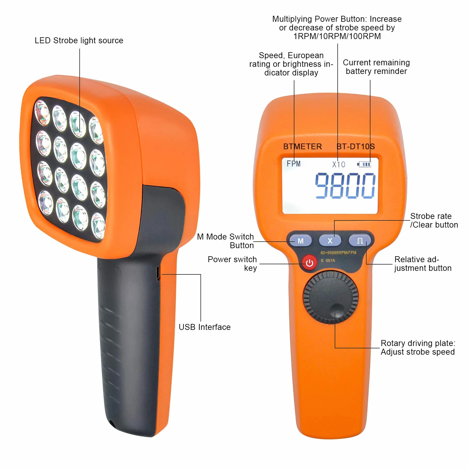 BTMETER Stroboscopio portatile digitale BT-DT10S, contagiri stroboscopico flash LED, 60~99999 FPM Tachimetro Hz Velocity Tester,Analizzatore di velocità di rotazione senza contatto
