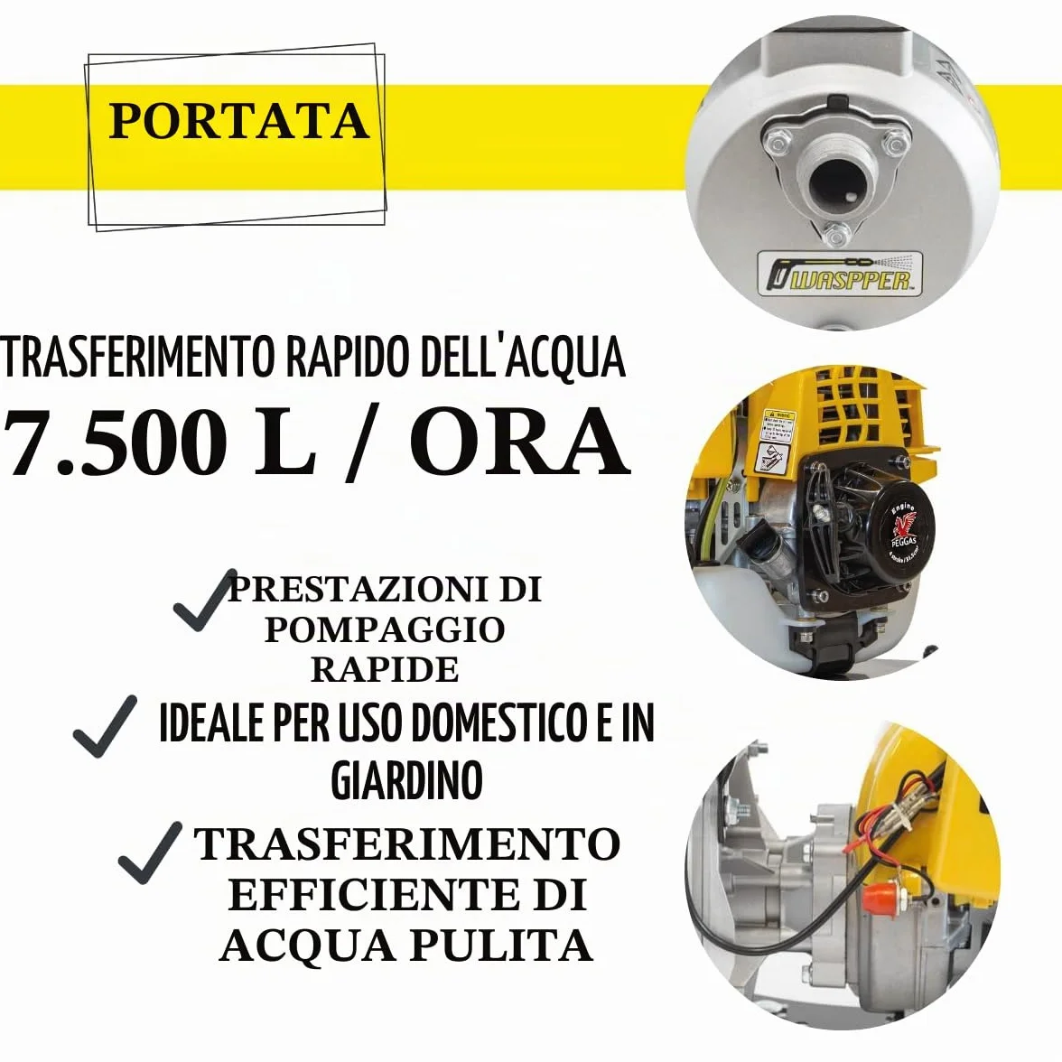 Pompa Acqua a Benzina 7500 L/h, Motopompa per Acqua Pulita con Prevalenza 35 m e Aspirazione 8,5 m, Motore 4 Tempi 1 HP, Pompa Portatile per Irrigazione Giardino e Svuotamento Cantine – Waspper PC107