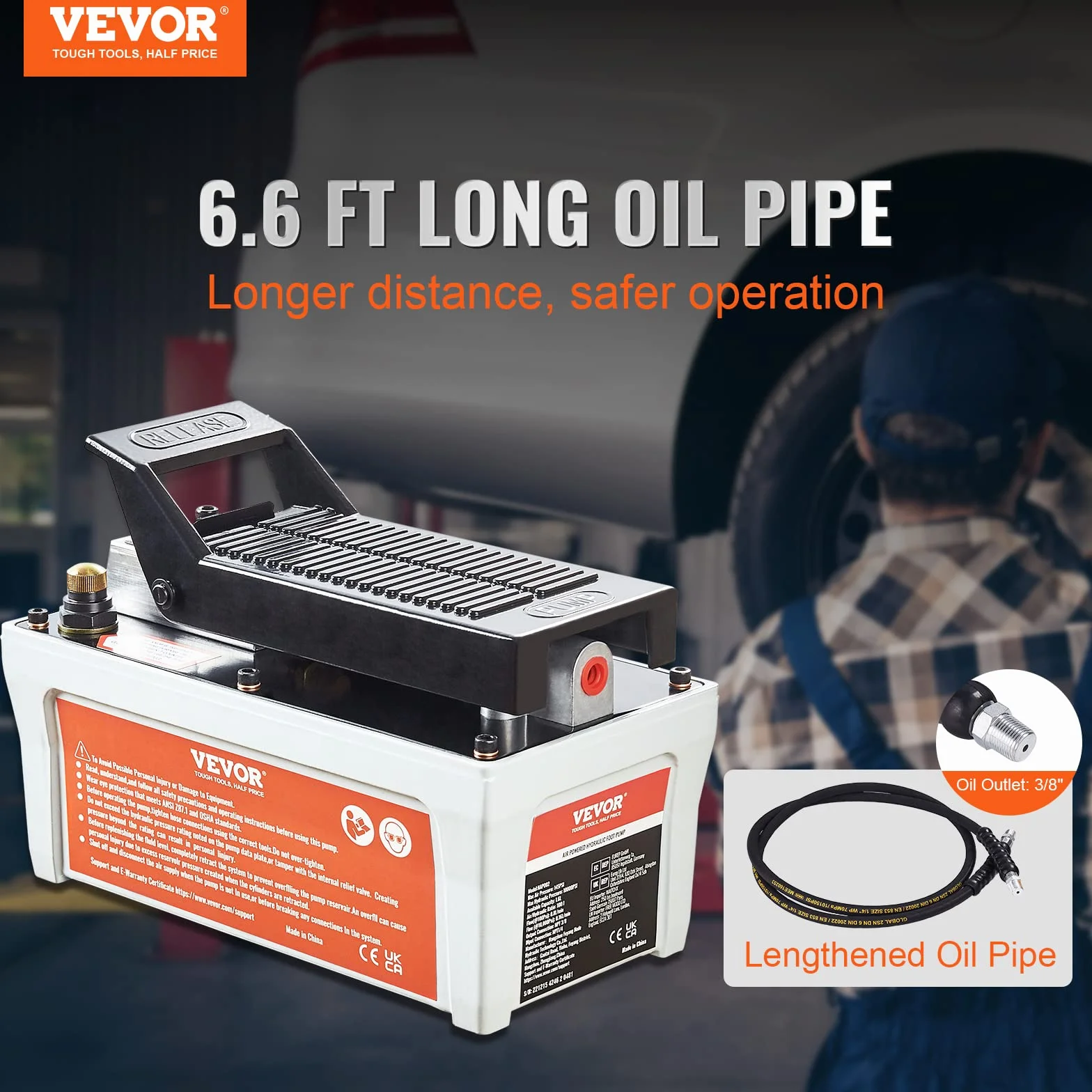 VEVOR Pompa Idraulica ad Aria Azionata da Pedale Ingresso Aria NPT 1/4" con Tubo 2m Capacità dell'Olio 1,6L, Pompa Pneumatica a Pedale Pressione Max. 10000 PSI con Tubo 2m Capienza del Serbatoio 1,6L
