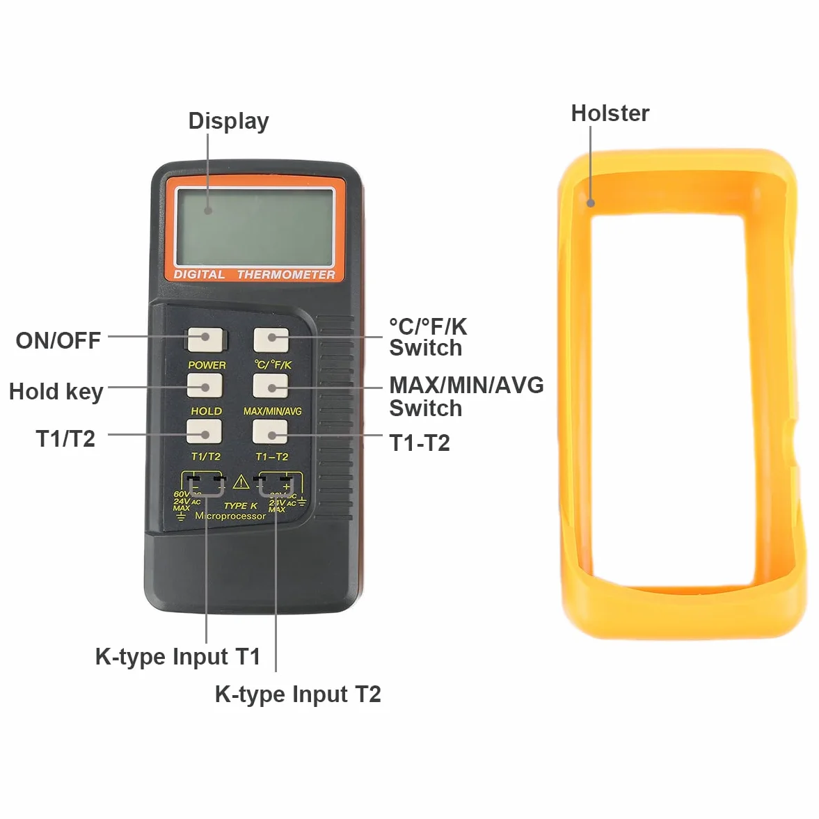 Mengshen Termometro Digitale Tipo K 2 Canali 4 Termocoppie -50~1370°C Portatile