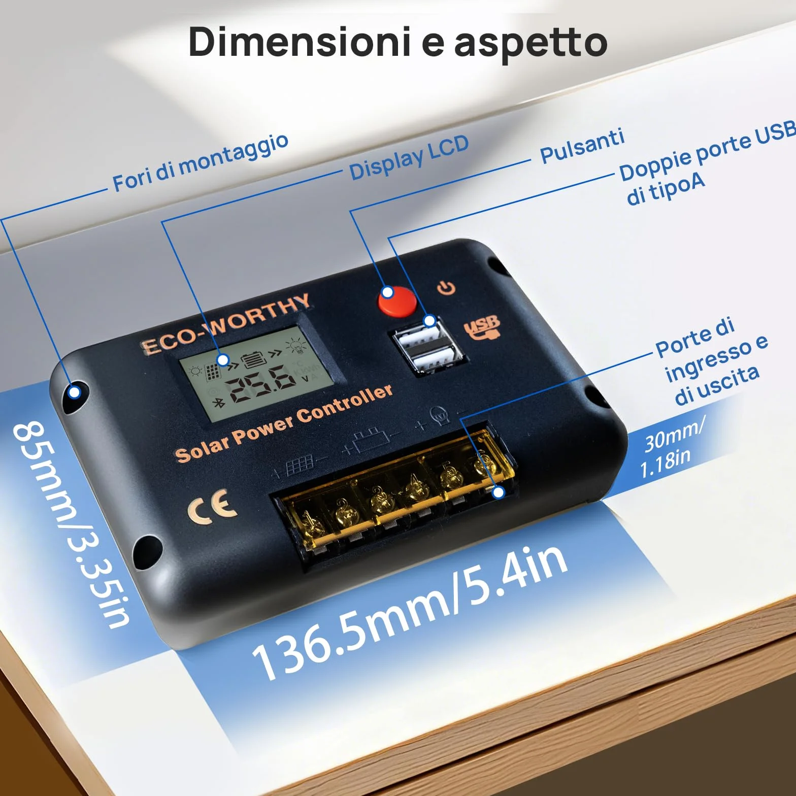 ECO-WORTHY Regolatore di carica pannello solare PWM 30A per Pannelli Solari e Batterie, Regolatore Intelligente con 2 Porte USB, PWM 12/24 V, Adatto per Batterie al litio, al Piombo e al Gel