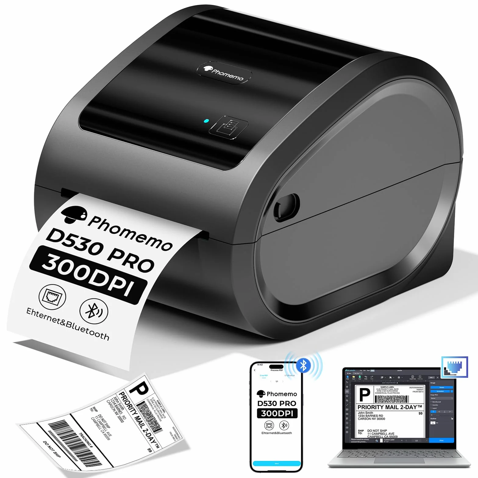 Phomemo Ethernet Stampante Etichette Spedizione, Stampante Termica Etichette da 300dpi per imprese, Supporta Ethernet, Bluetooth e USB, Compatibile con Amazon, Vinted, BRT, GLS, DPD, UPS
