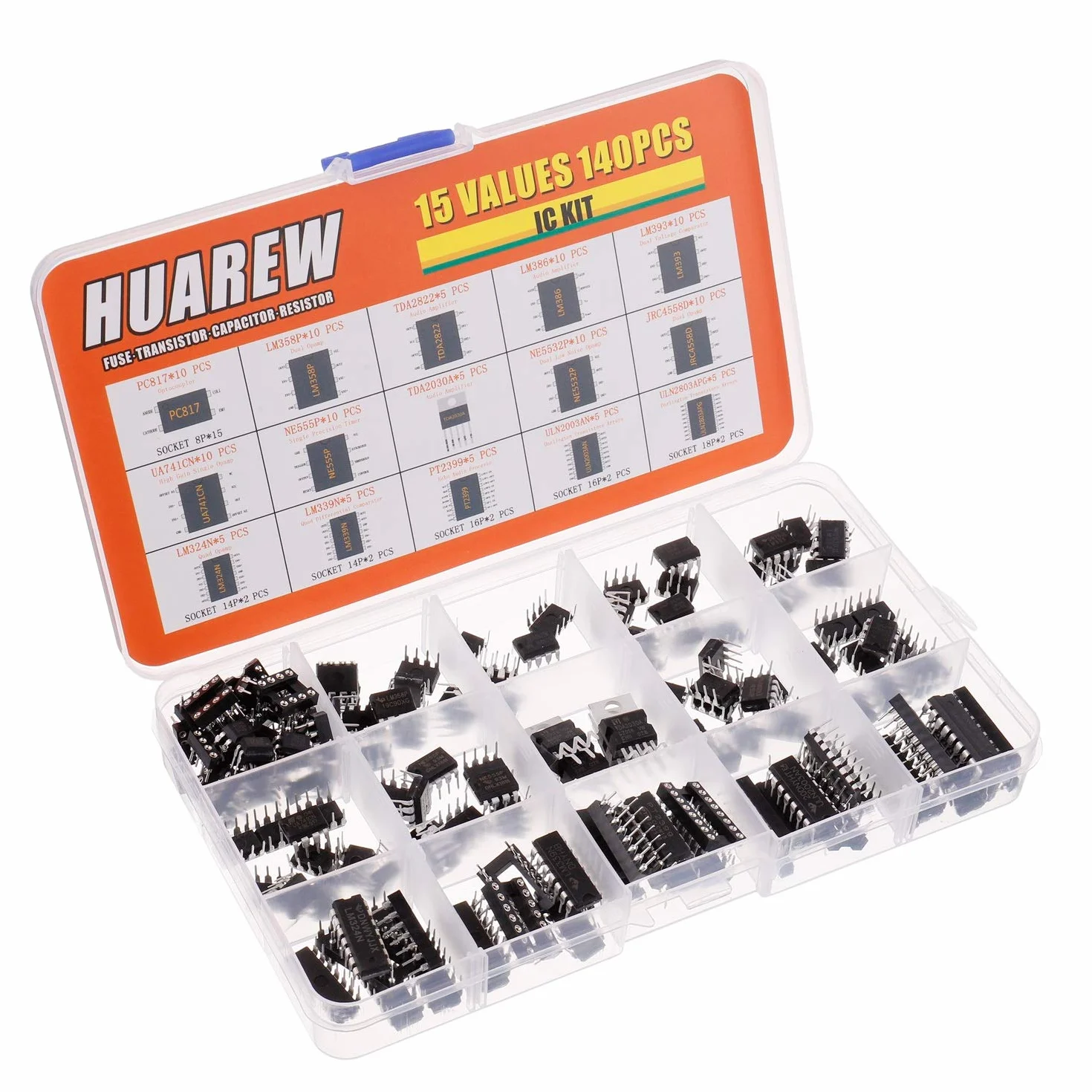 15 Valori 140 pezzi Timer Opamp Accoppiatore Darlington PC817 LM358P TDA2822 LM386 LM393 UA741CN NE555P TDA2030A NE5532P JRC4558D LM324N LM339N PT2399 ULN2003AN ULN2803APG IC Assortimento Kit